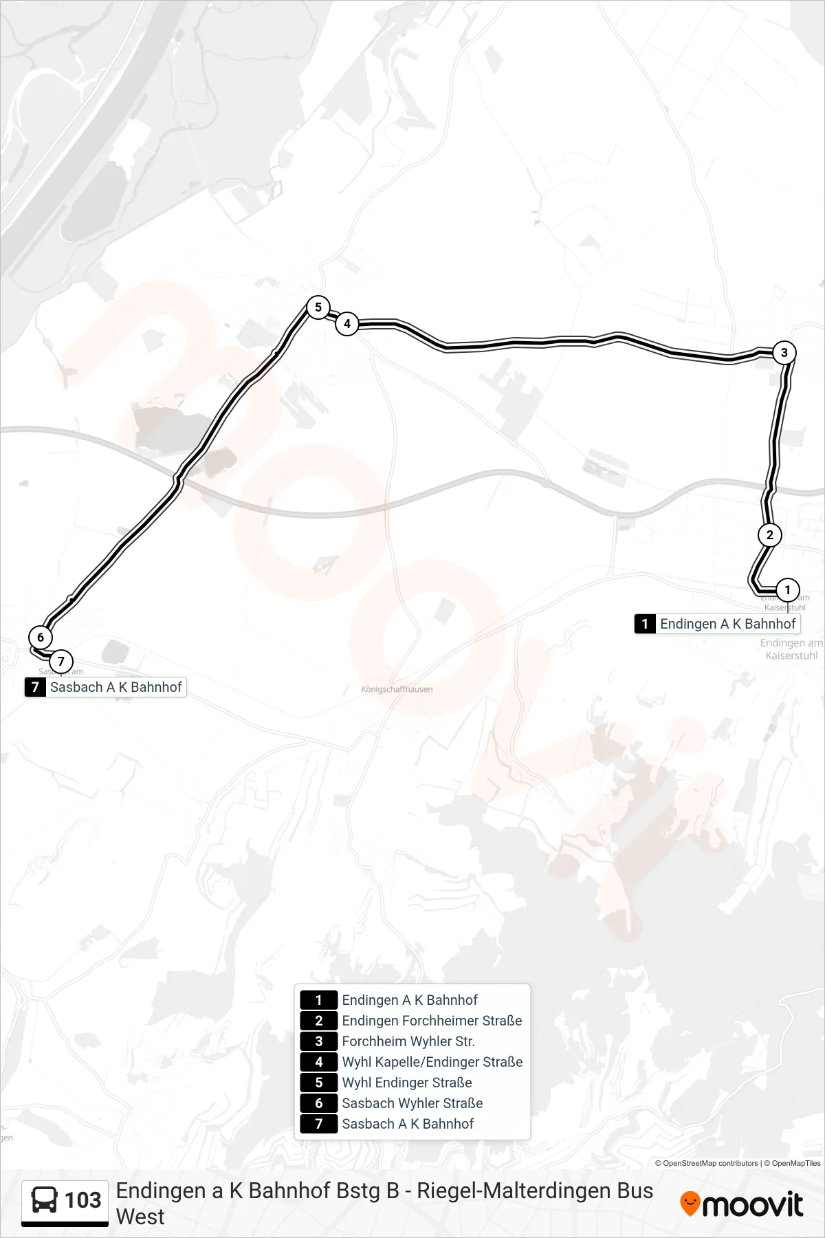 103 tram Line (Sasbach A K Bahnhof) route and stops on a map