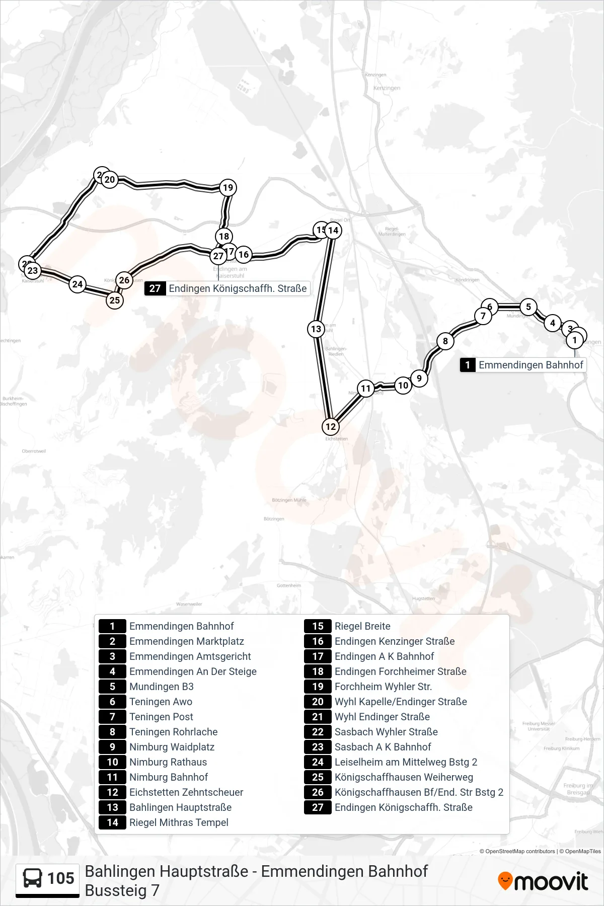 105 tram Line (Endingen Königschaffh. Straße) route and stops on a map