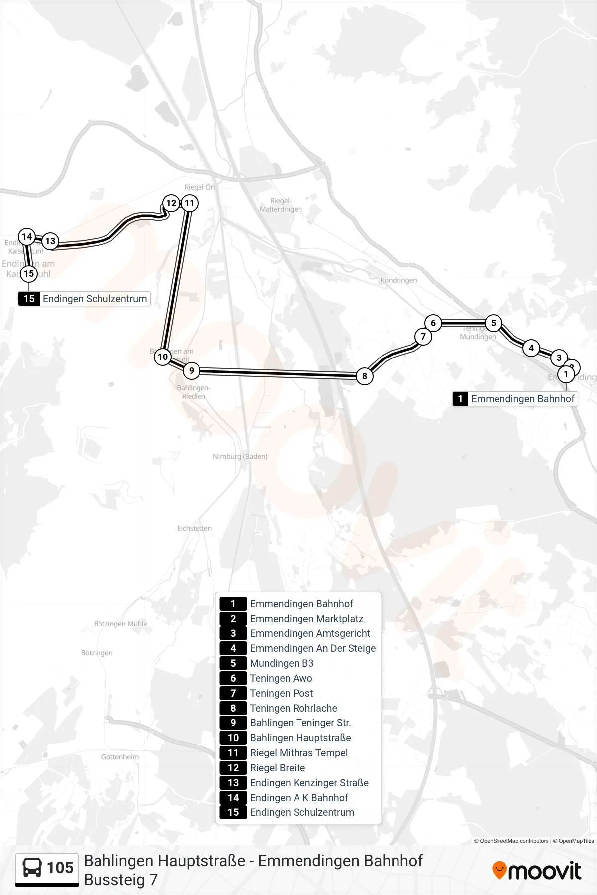 105 tram Line (Endingen Schulzentrum) route and stops on a map