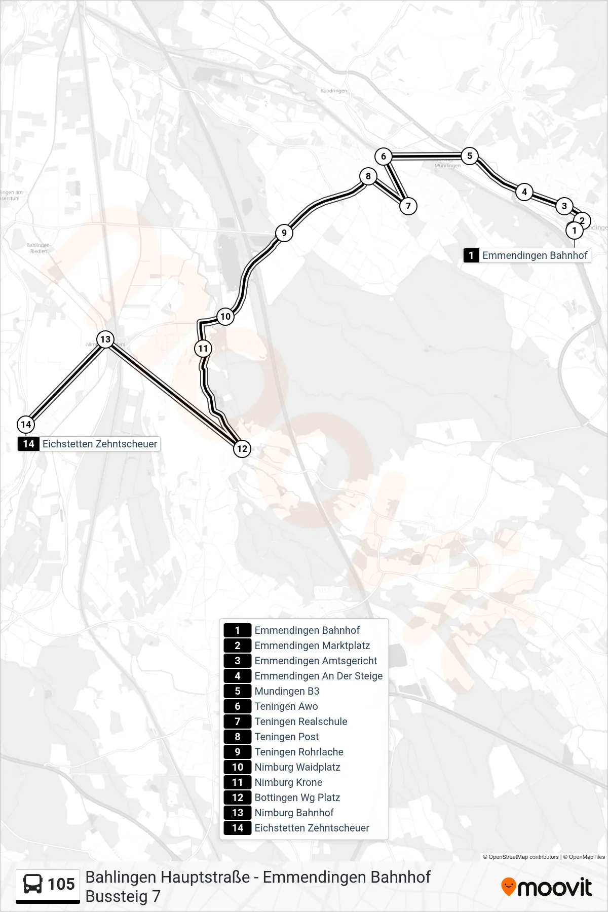 Linie 105 (Tram) Richtung Eichstetten Zehntscheuer: Route und Haltestellen auf der Karte