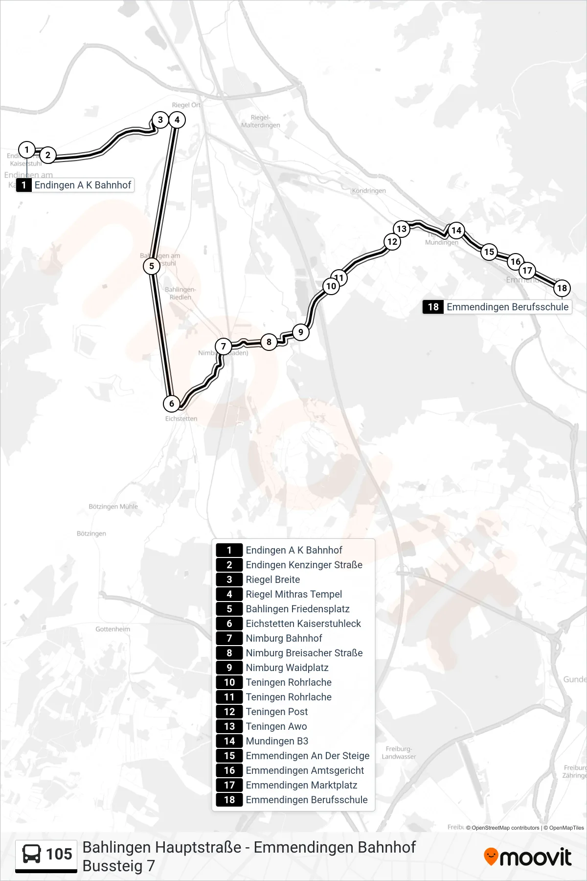 105 tram Line (Emmendingen Berufsschule) route and stops on a map