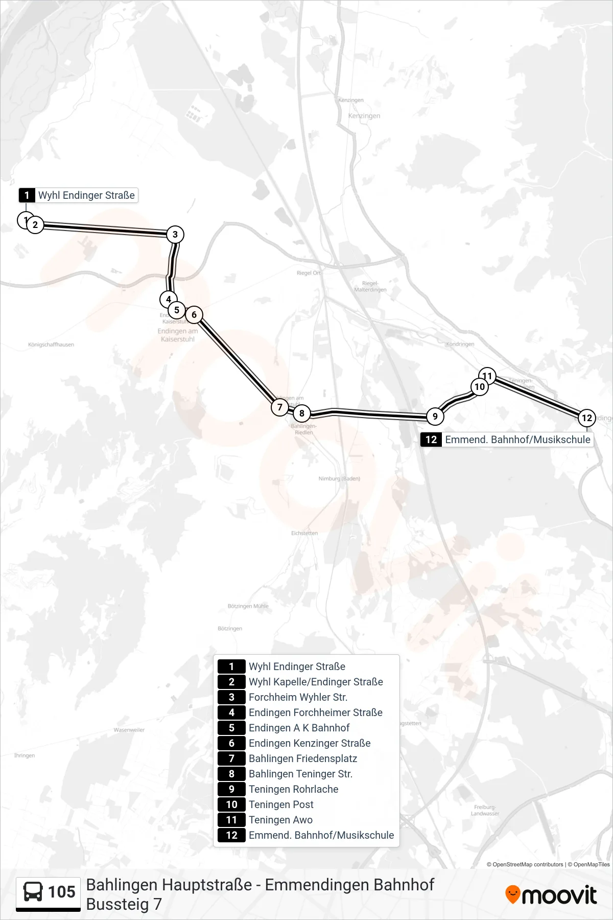 105 tram Line (Emmend. Bahnhof/Musikschule) route and stops on a map