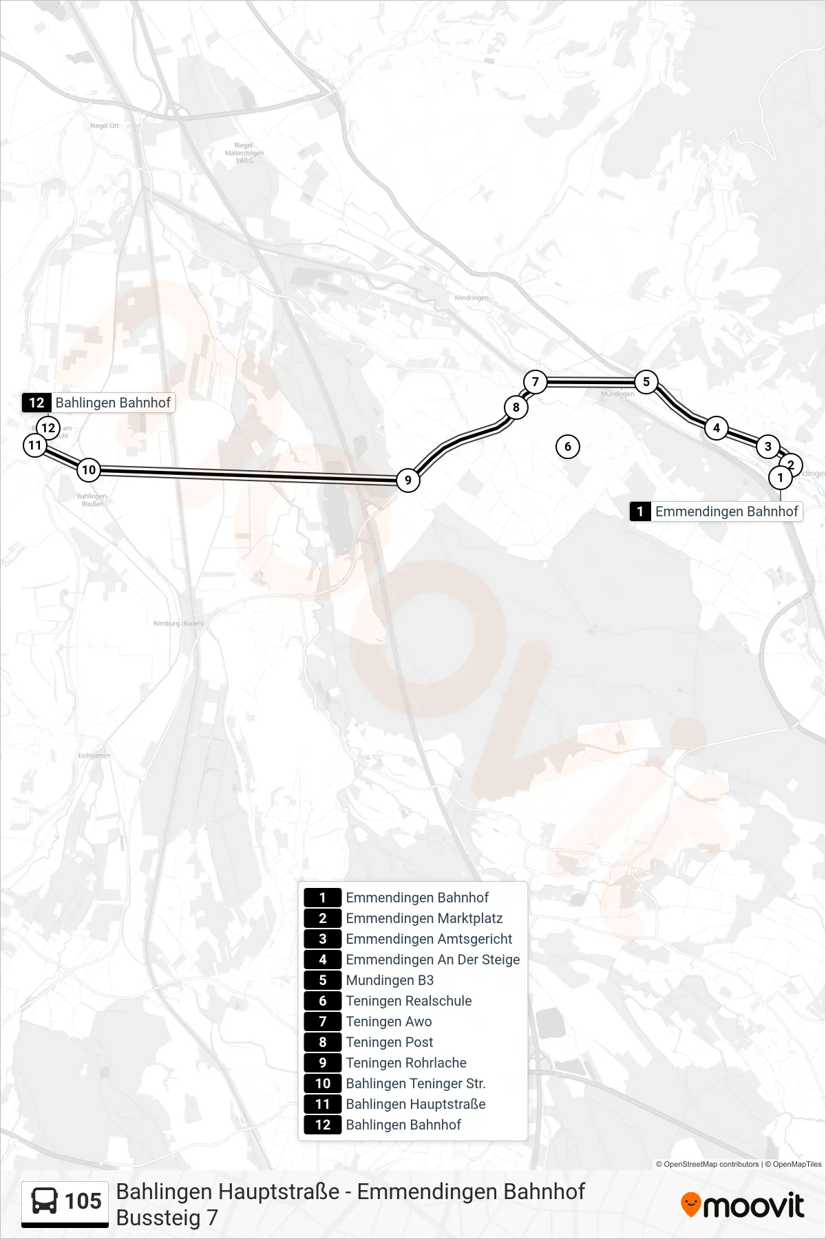 105 tram Line (Bahlingen Bahnhof) route and stops on a map