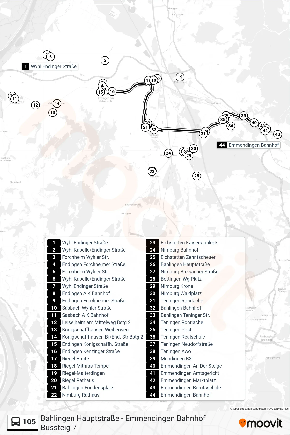 105 tram Line (Emmendingen Bahnhof) route and stops on a map