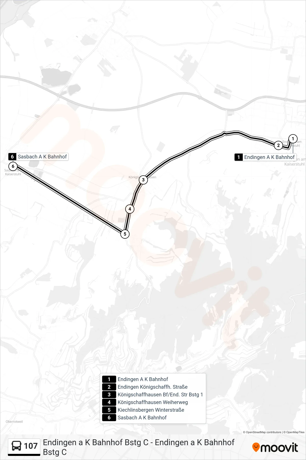 107 tram Line (Sasbach A K Bahnhof) route and stops on a map
