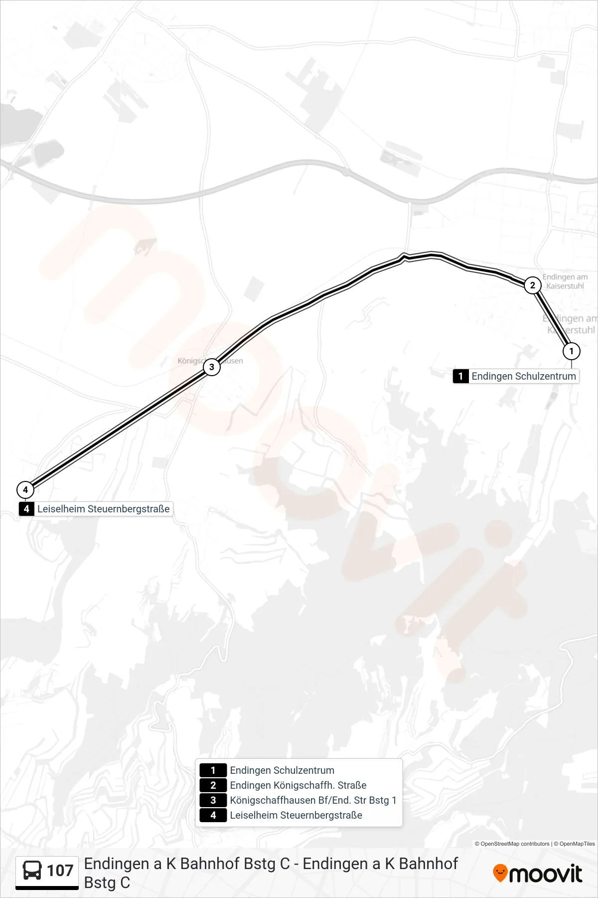 107 tram Line (Leiselheim Steuernbergstraße) route and stops on a map