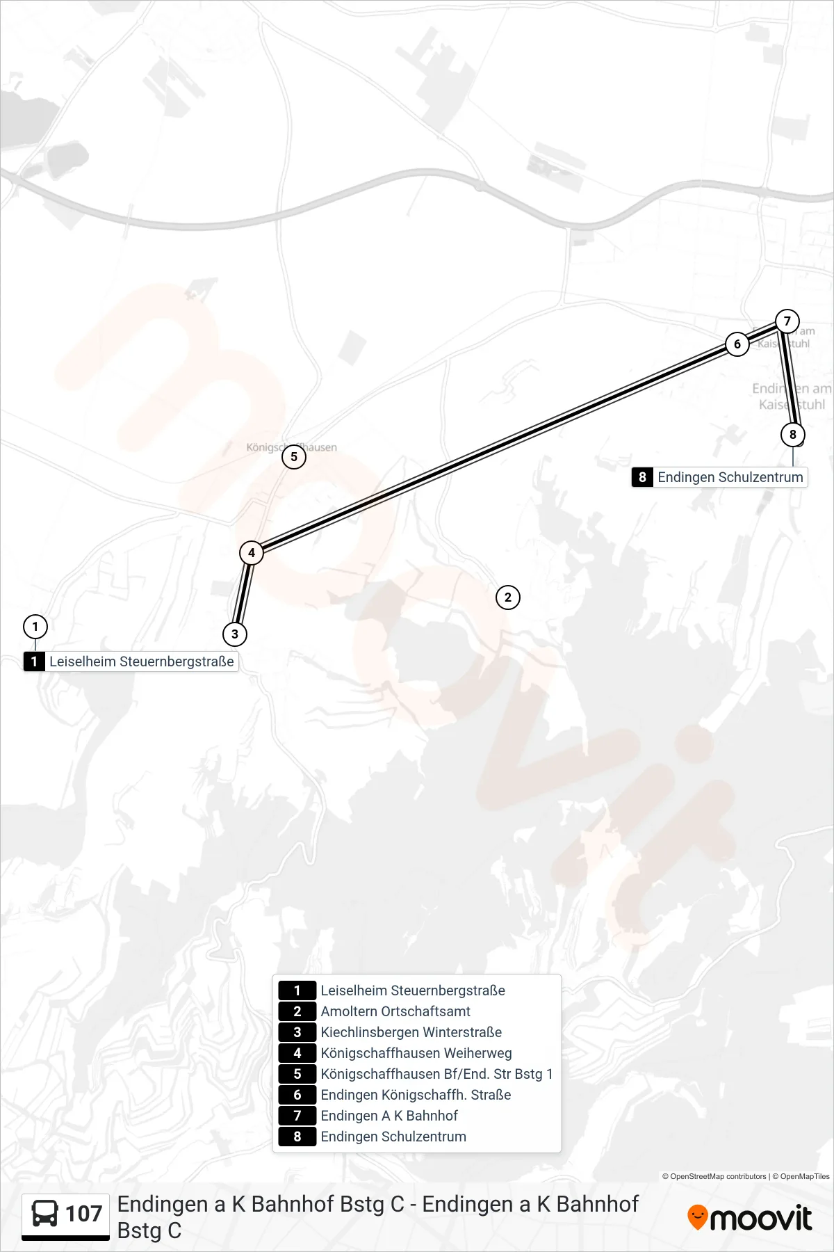 107 tram Line (Endingen Schulzentrum) route and stops on a map