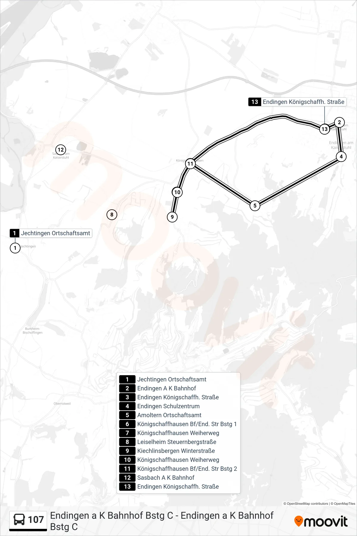 107 tram Line (Endingen A K Bahnhof) route and stops on a map