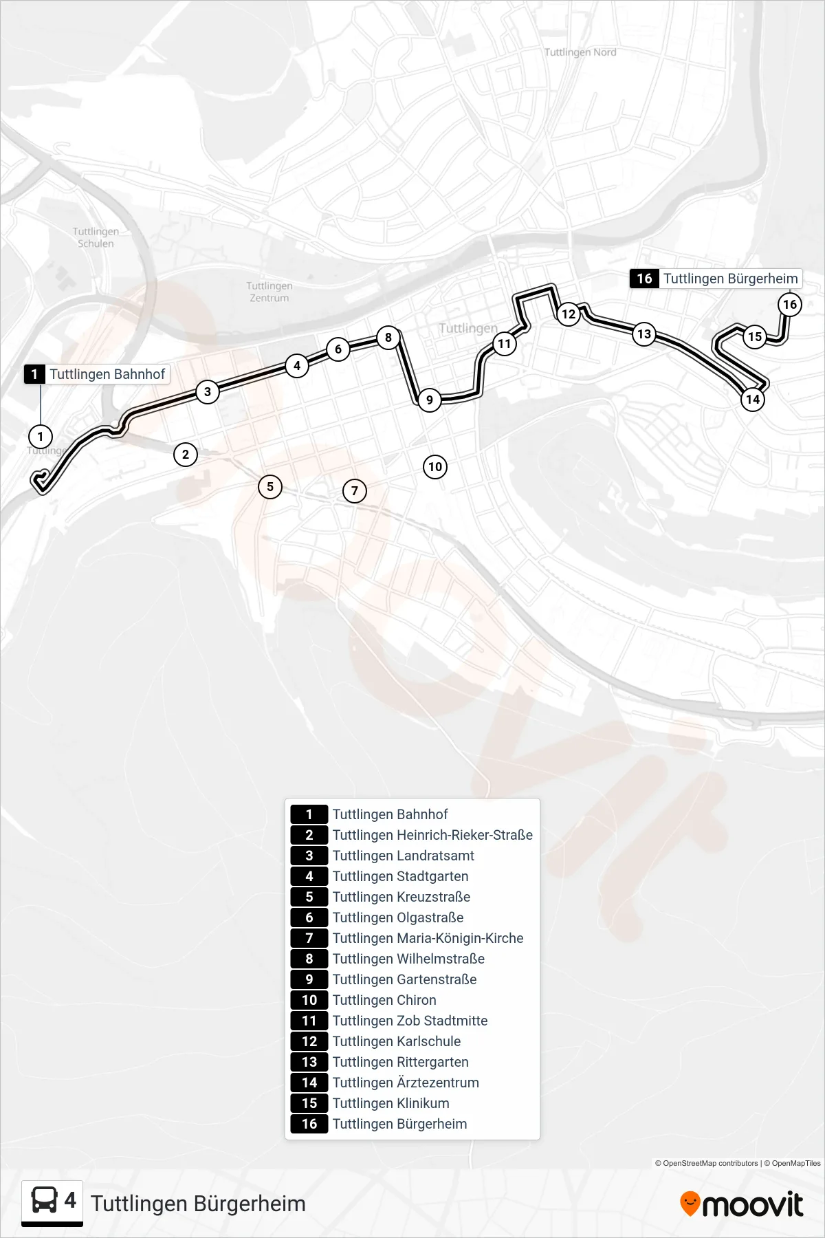 4 bus Line (Tuttlingen Bürgerheim) route and stops on a map