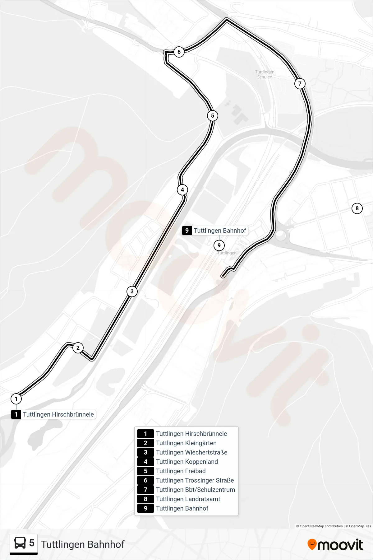 Linie 5 (Bus) Richtung Tuttlingen Bahnhof: Route und Haltestellen auf der Karte