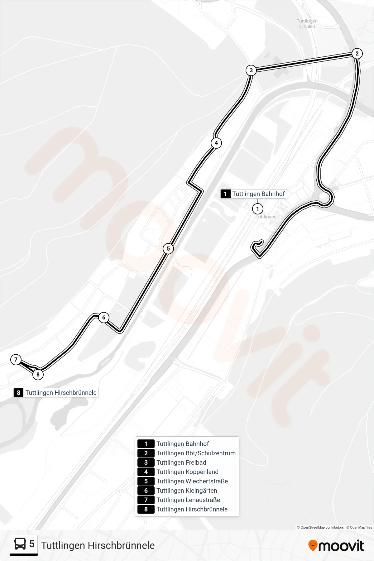 5 bus Line (Tuttlingen Hirschbrünnele) route and stops on a map
