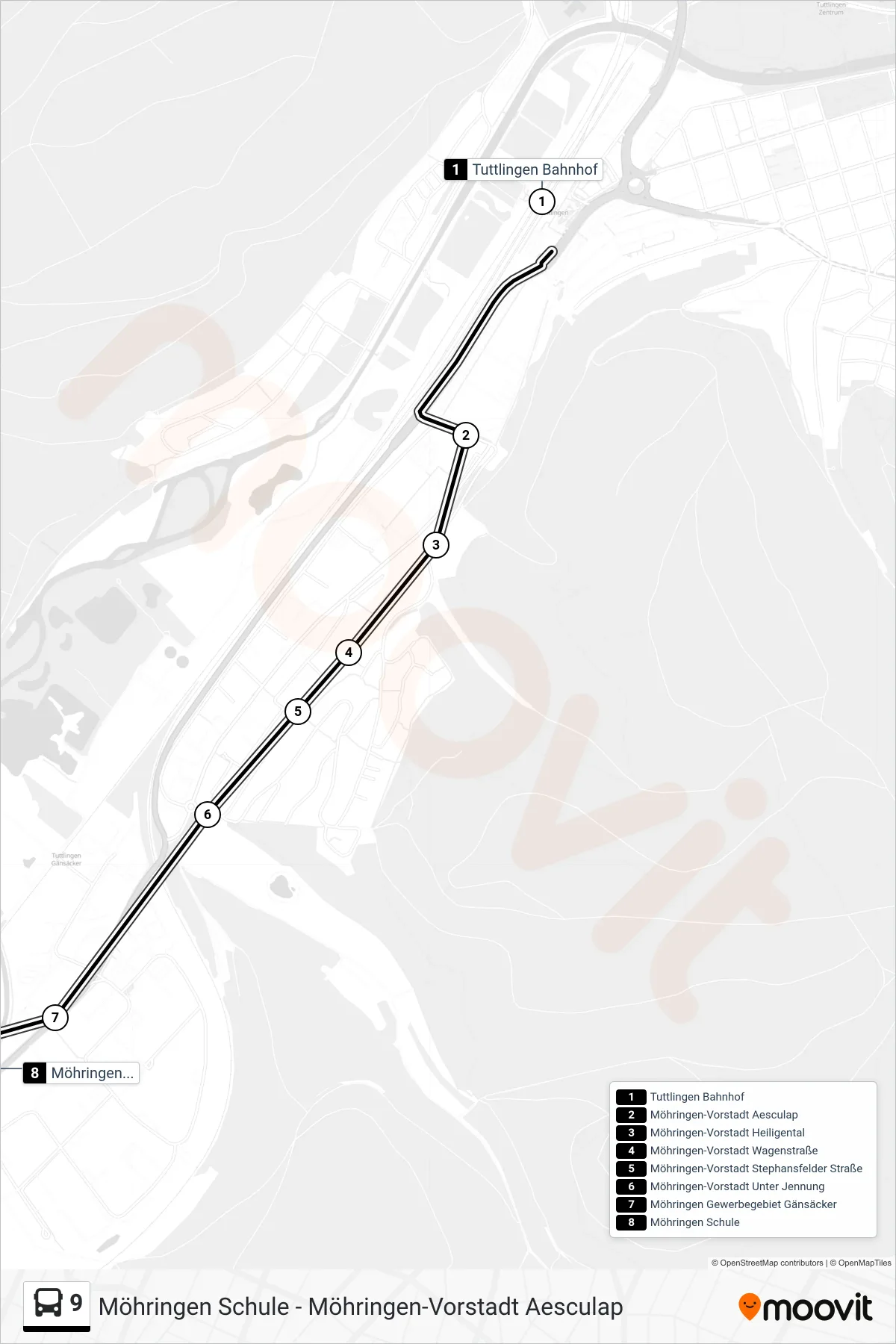 9 bus Line (Möhringen Schule) route and stops on a map