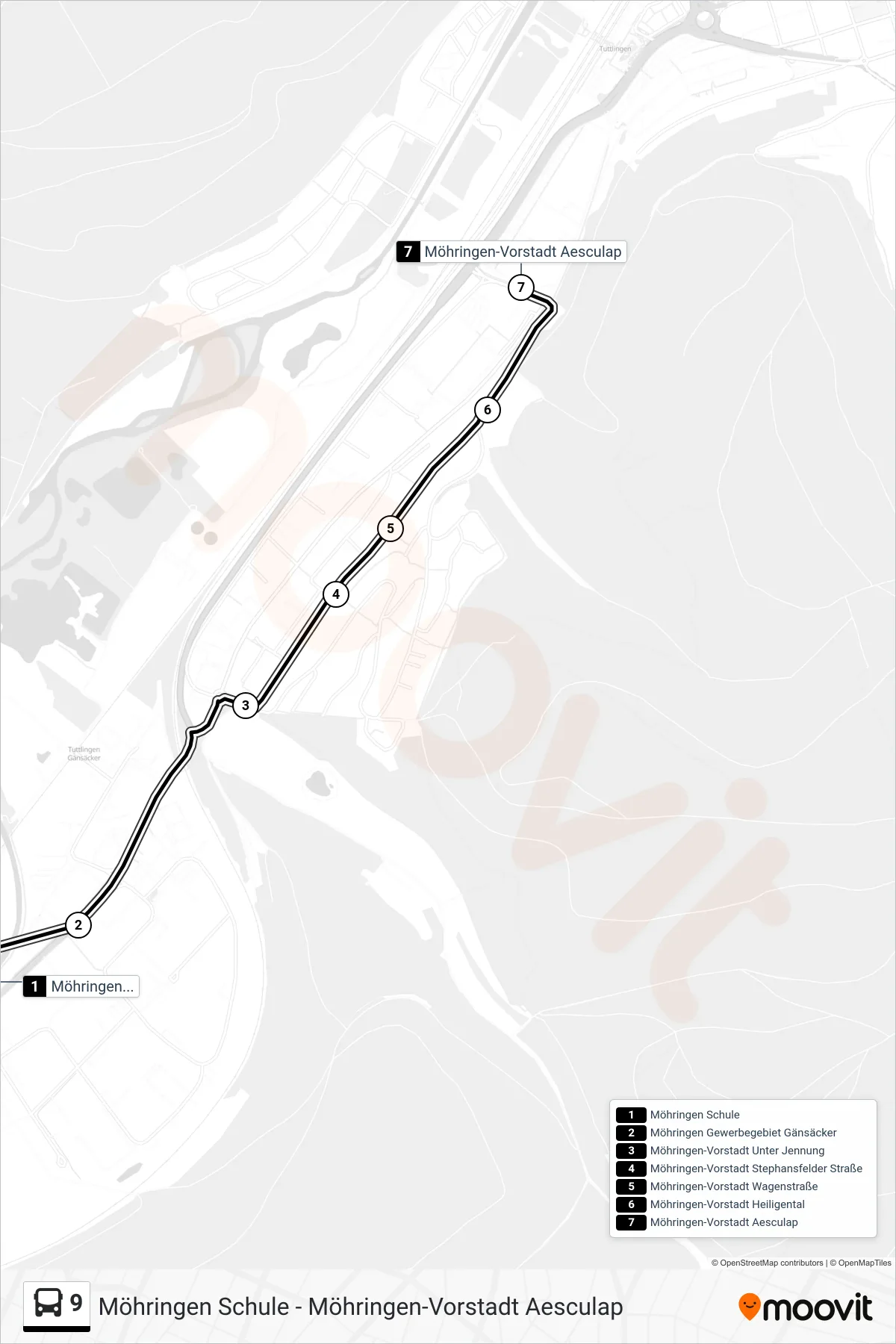 9 bus Line (Möhringen-Vorstadt Aesculap) route and stops on a map