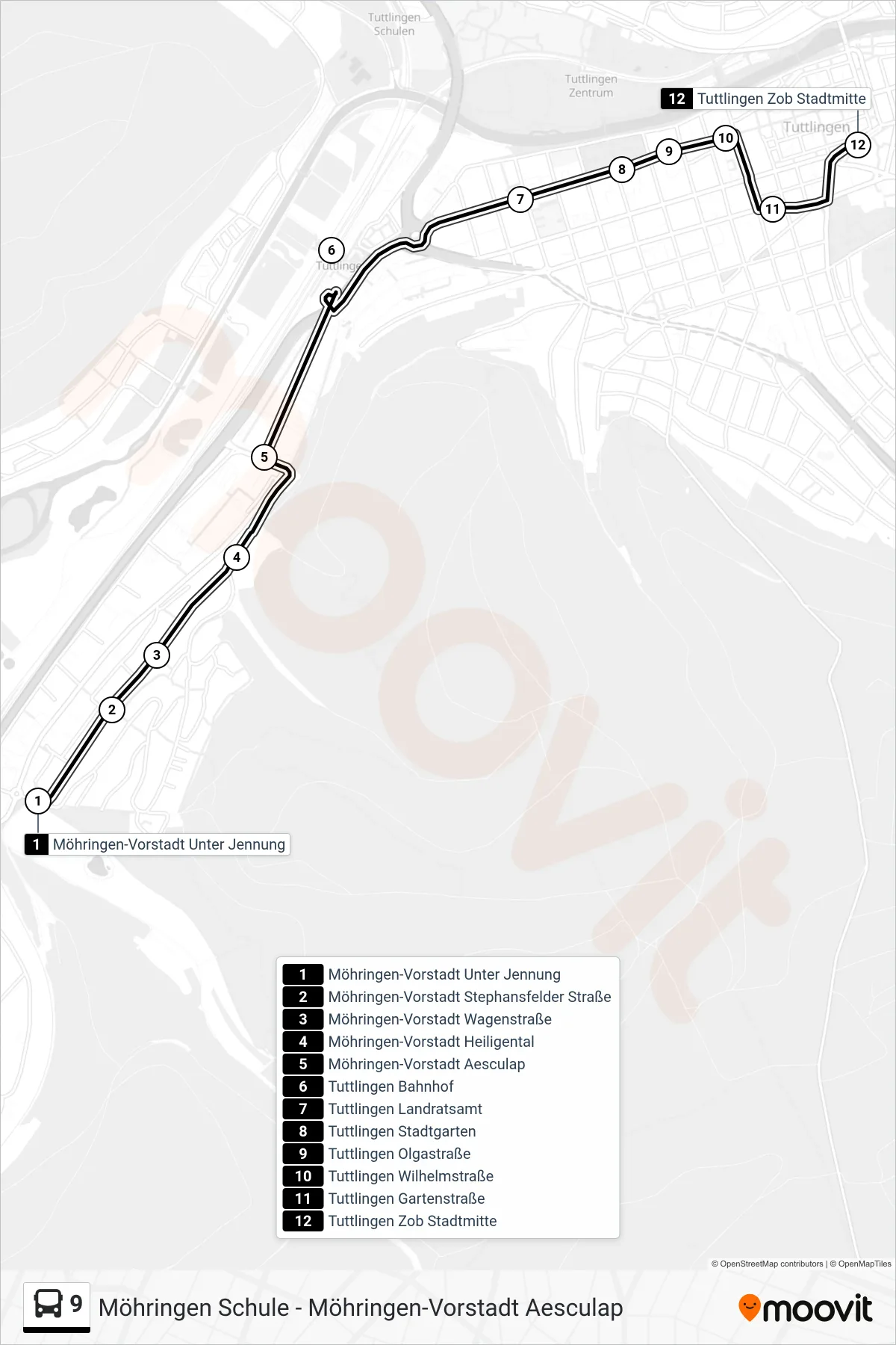 9 bus Line (Tuttlingen Zob Stadtmitte) route and stops on a map