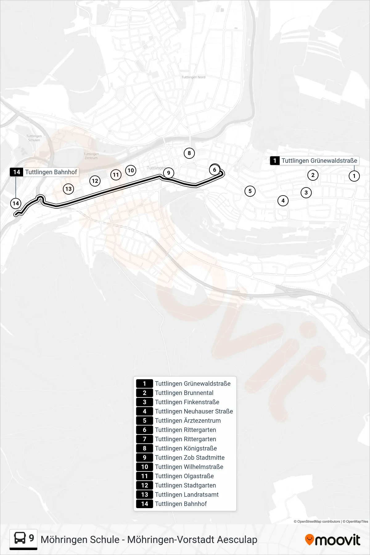 Linie 9 (Bus) Richtung Tuttlingen Bahnhof: Route und Haltestellen auf der Karte