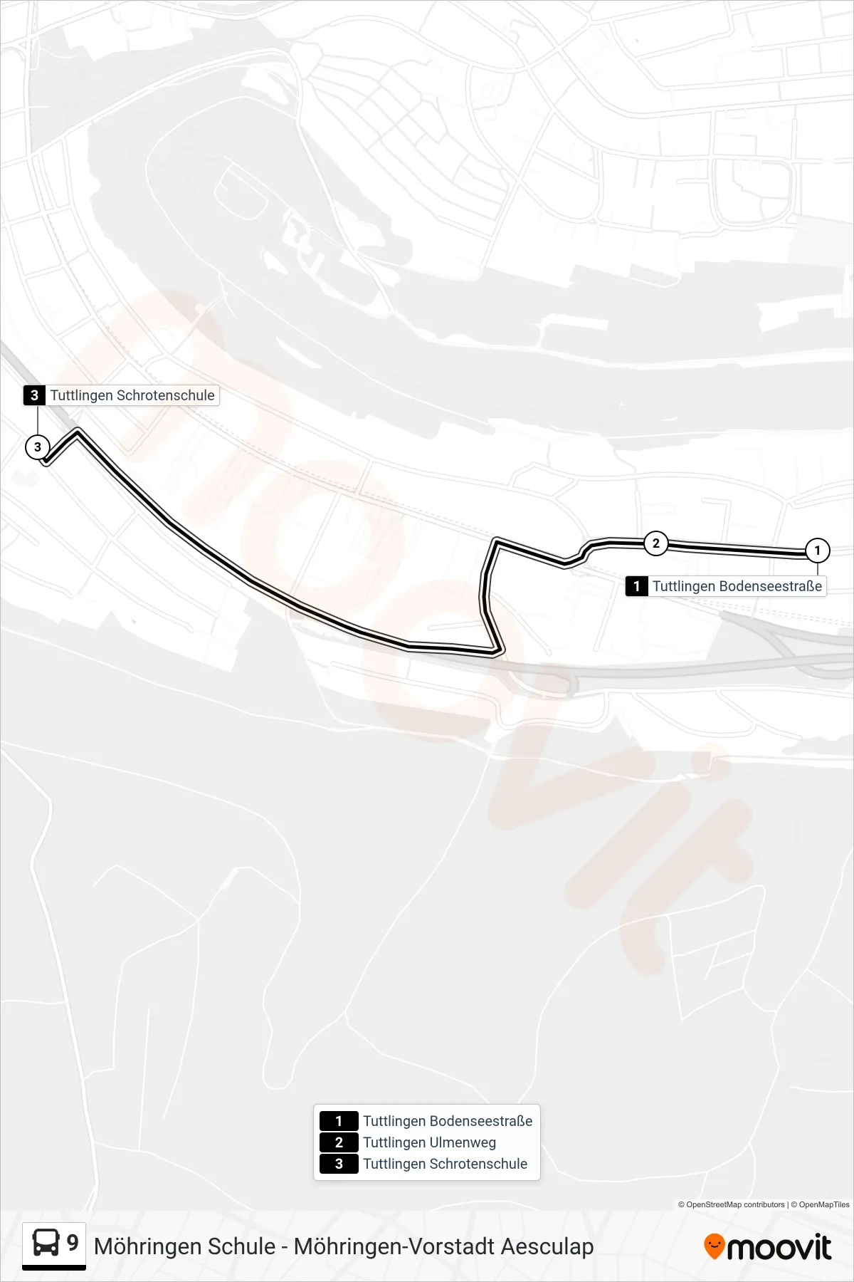 9 bus Line (Tuttlingen Schrotenschule) route and stops on a map