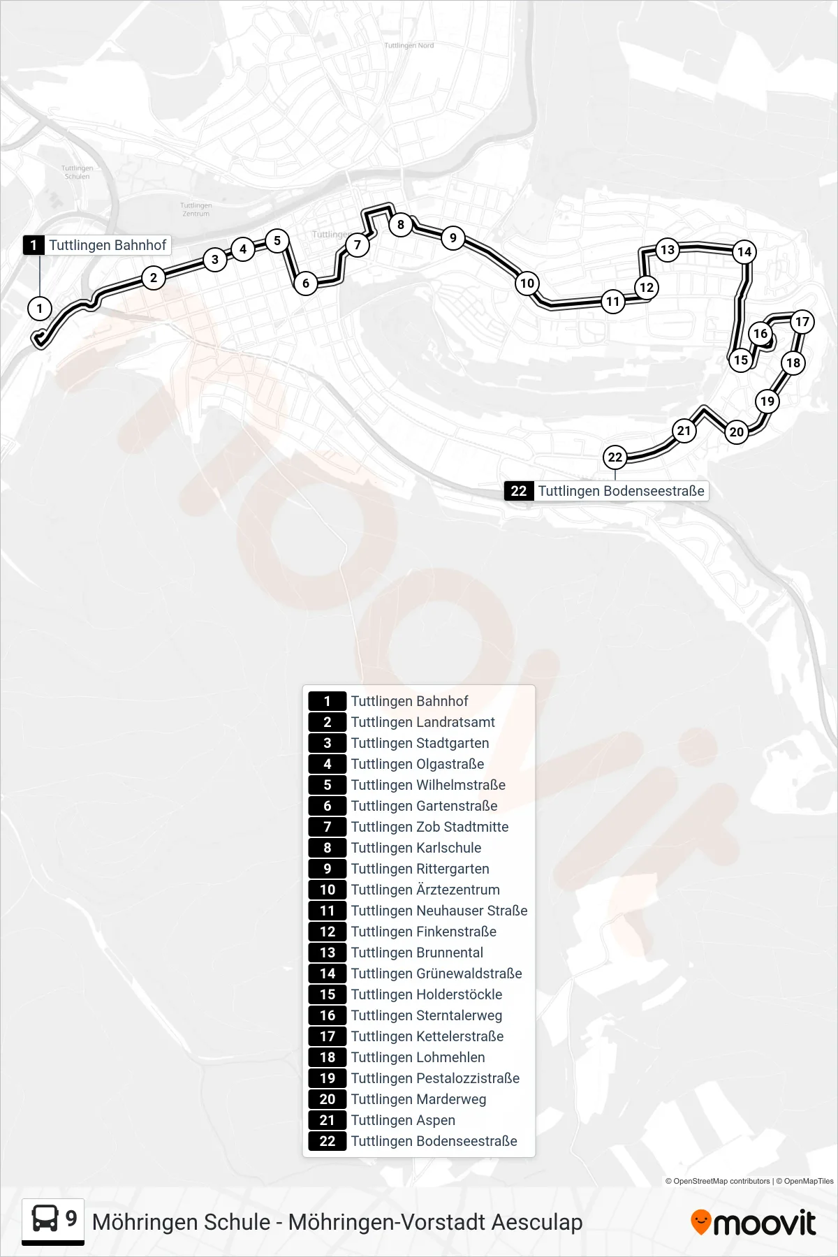 9 bus Line (Tuttlingen Bodenseestraße) route and stops on a map