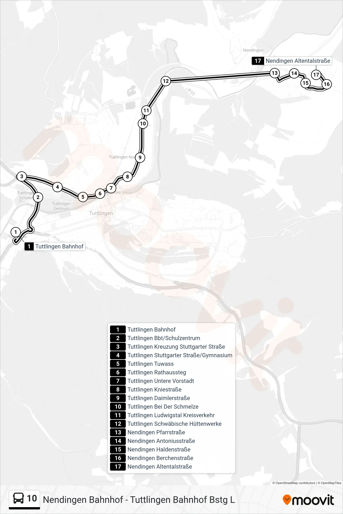 10 bus Line (Nendingen Altentalstraße) route and stops on a map