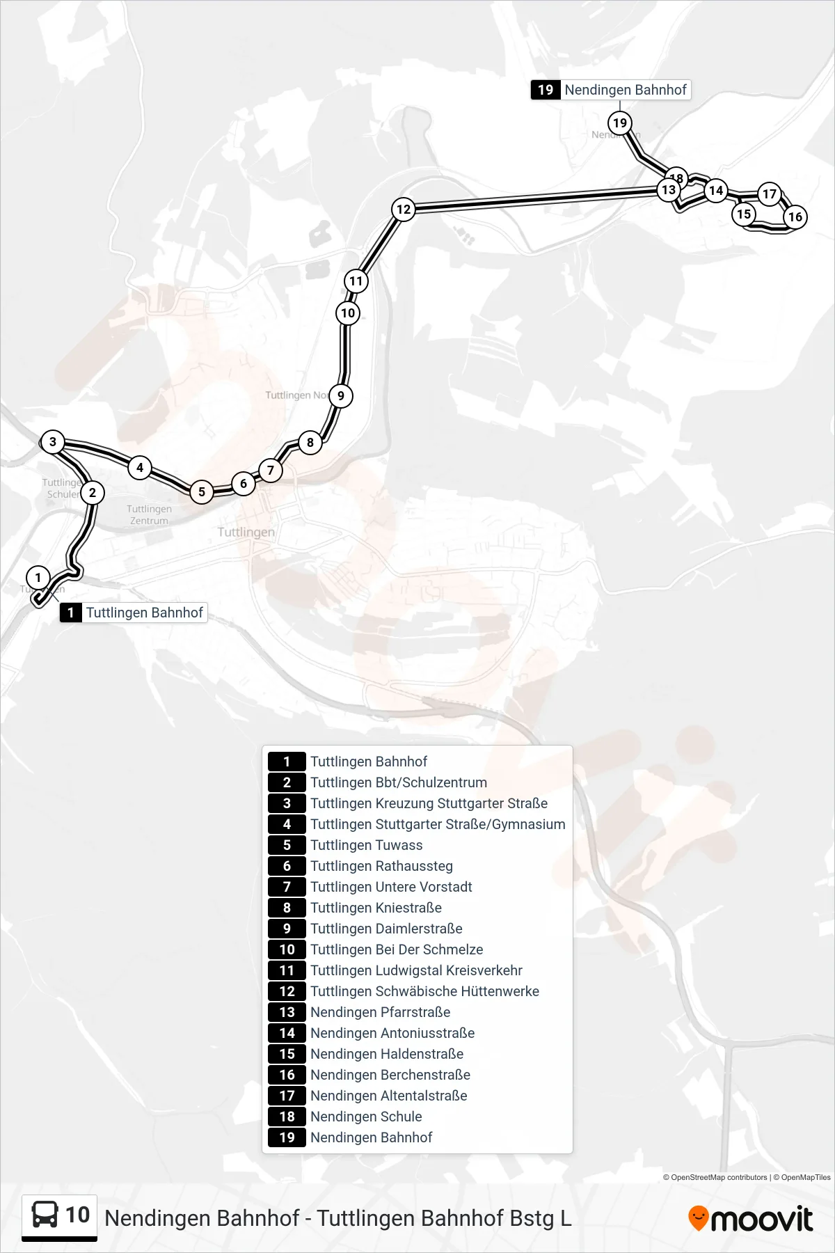 10 bus Line (Nendingen Bahnhof) route and stops on a map