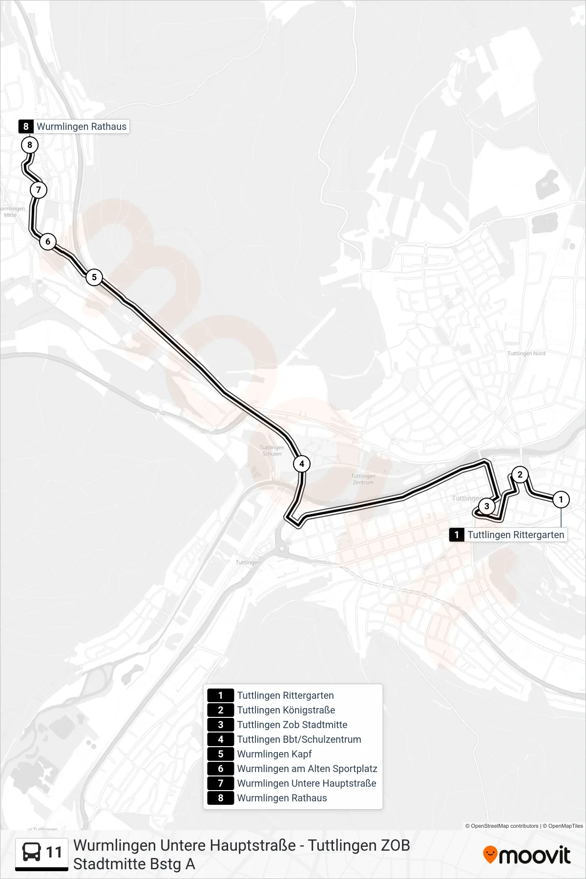Linie 11 (Bus) Richtung Wurmlingen Rathaus: Route und Haltestellen auf der Karte