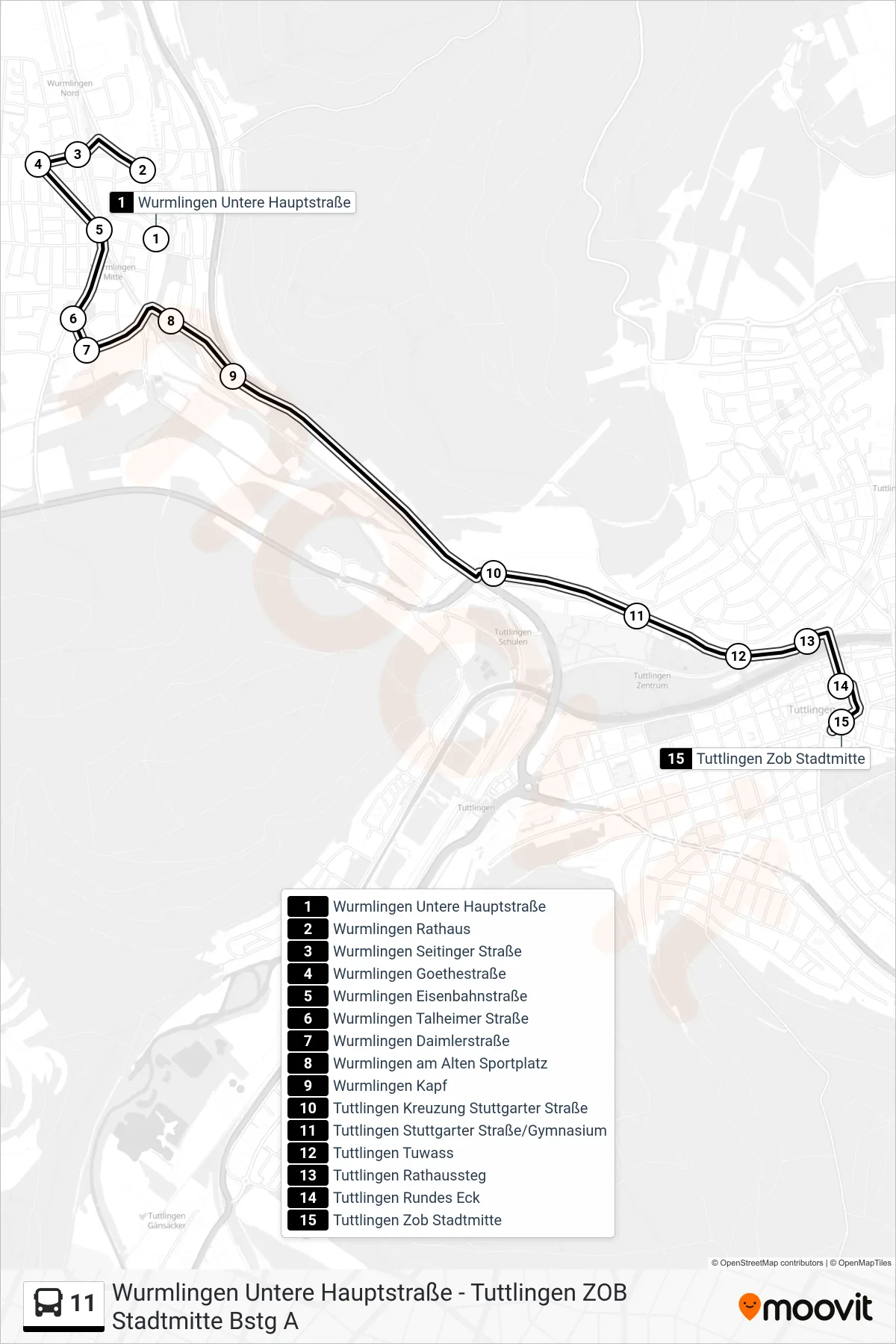 11 bus Line (Tuttlingen Zob Stadtmitte) route and stops on a map
