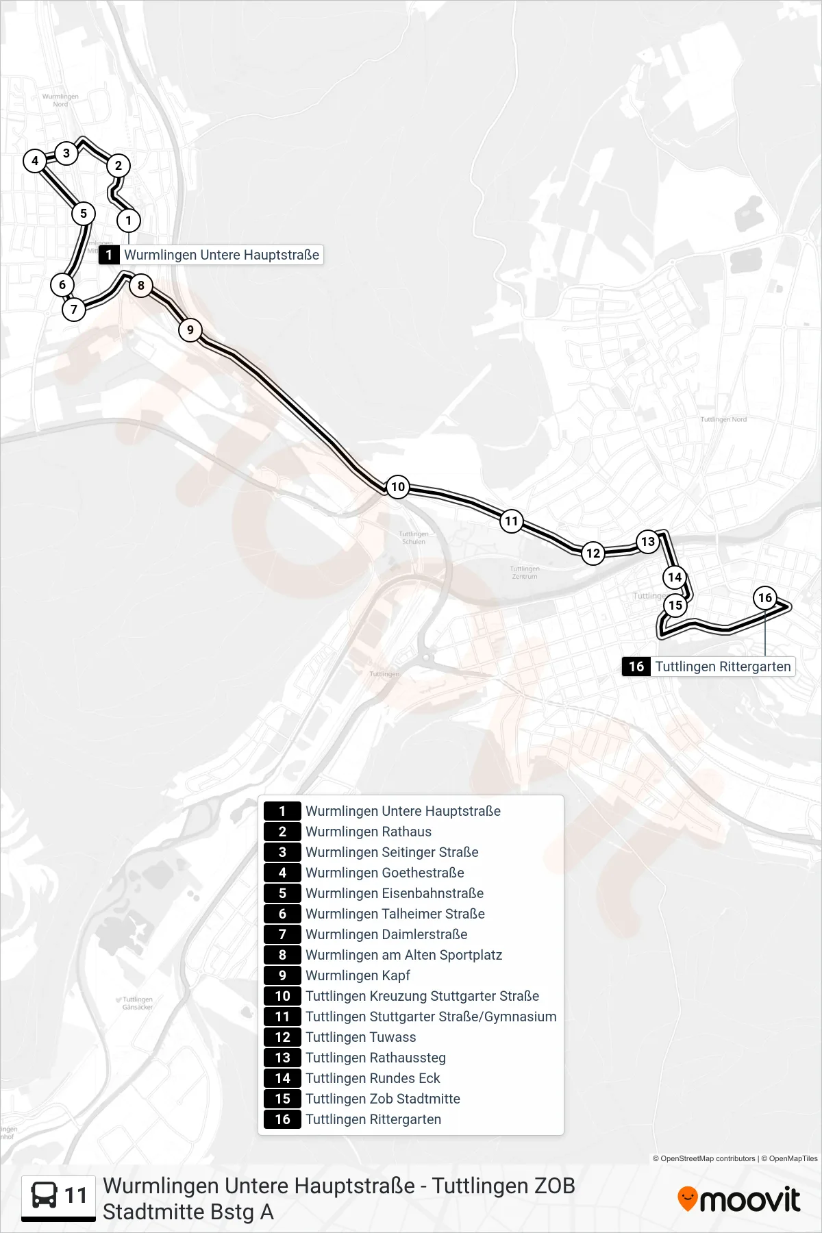 11 bus Line (Tuttlingen Rittergarten) route and stops on a map