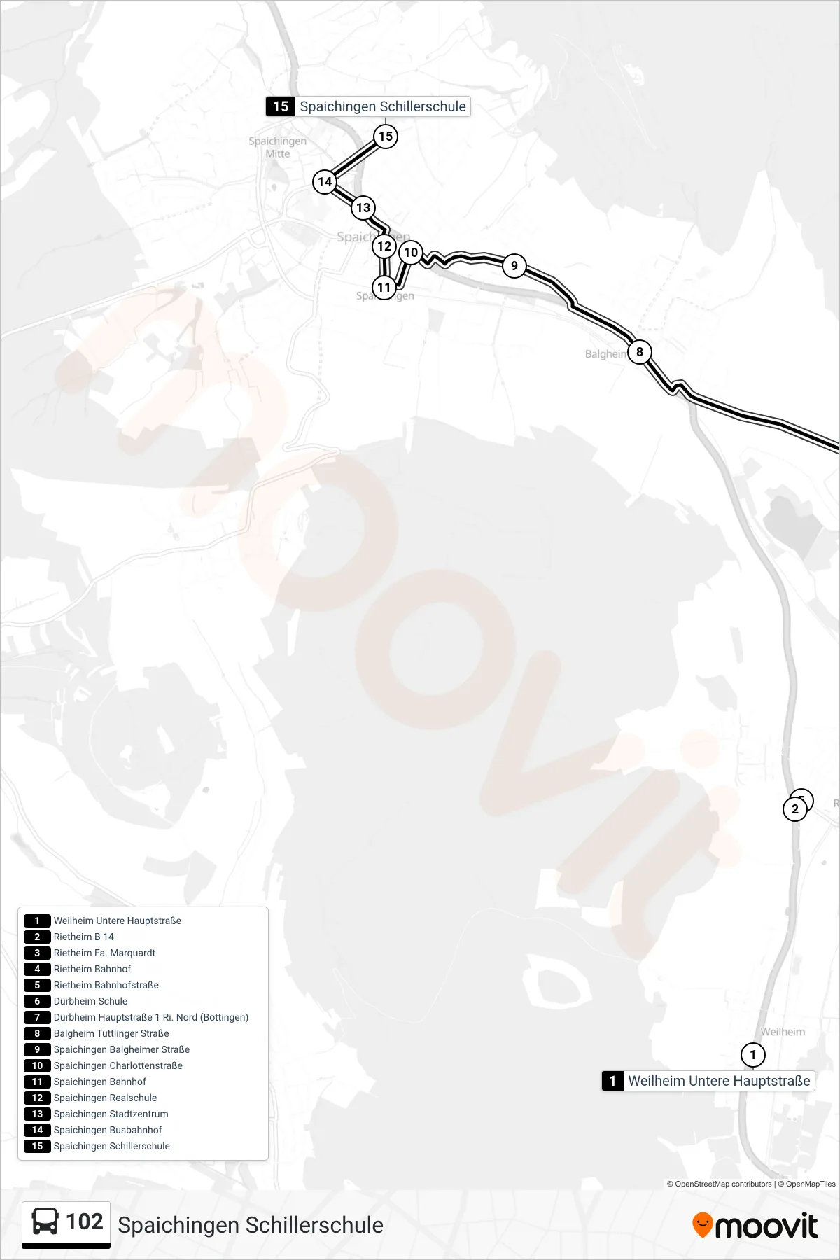 102 bus Line (Spaichingen Schillerschule) route and stops on a map