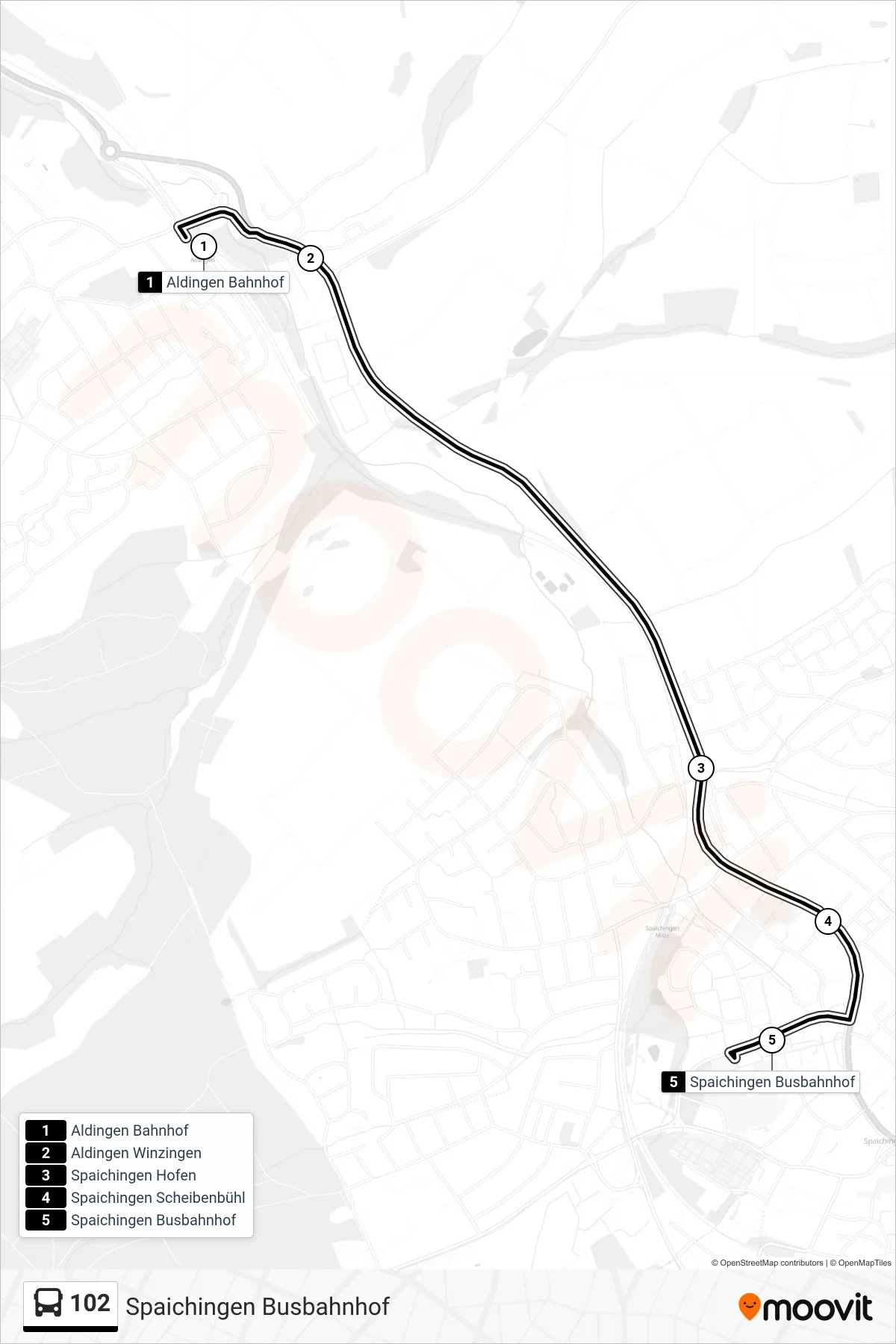 102 bus Line (Spaichingen Busbahnhof) route and stops on a map