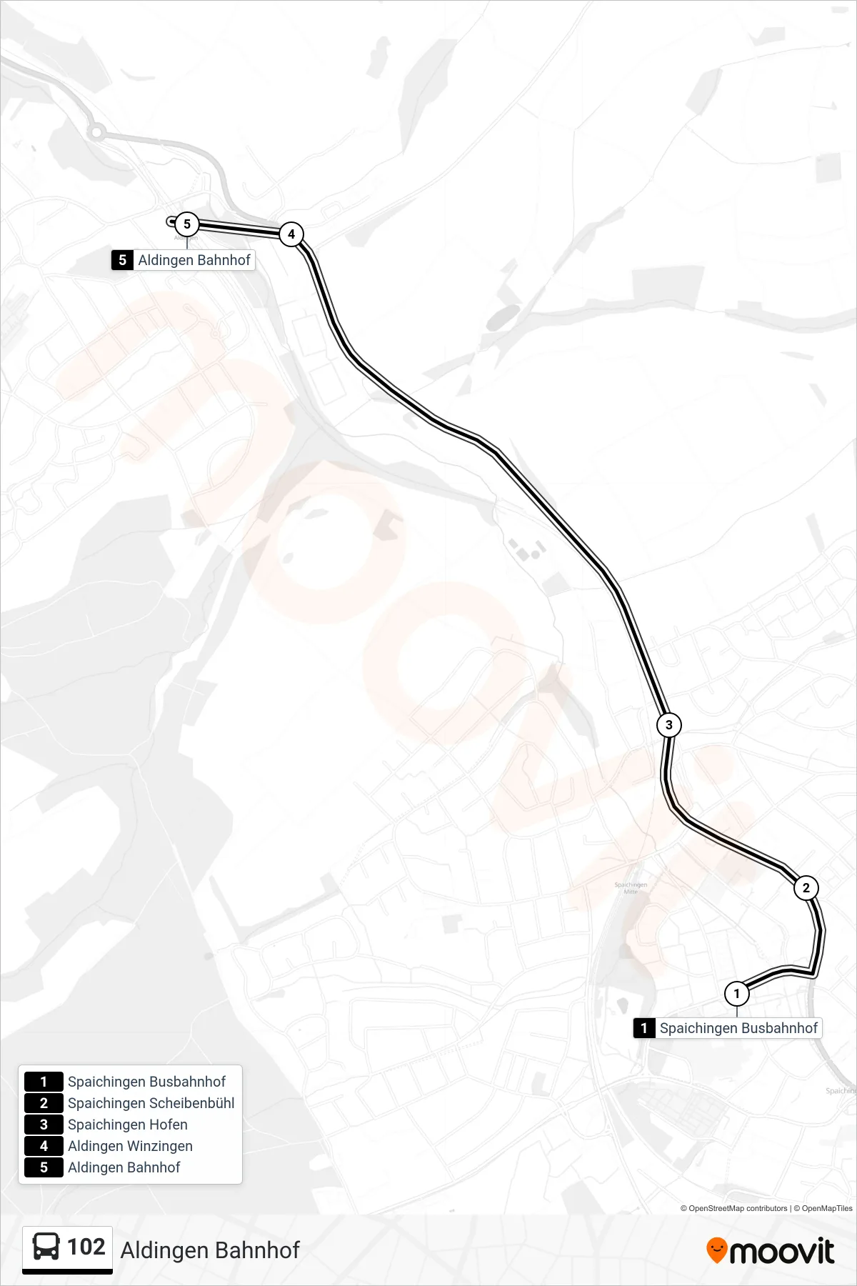 102 bus Line (Aldingen Bahnhof) route and stops on a map
