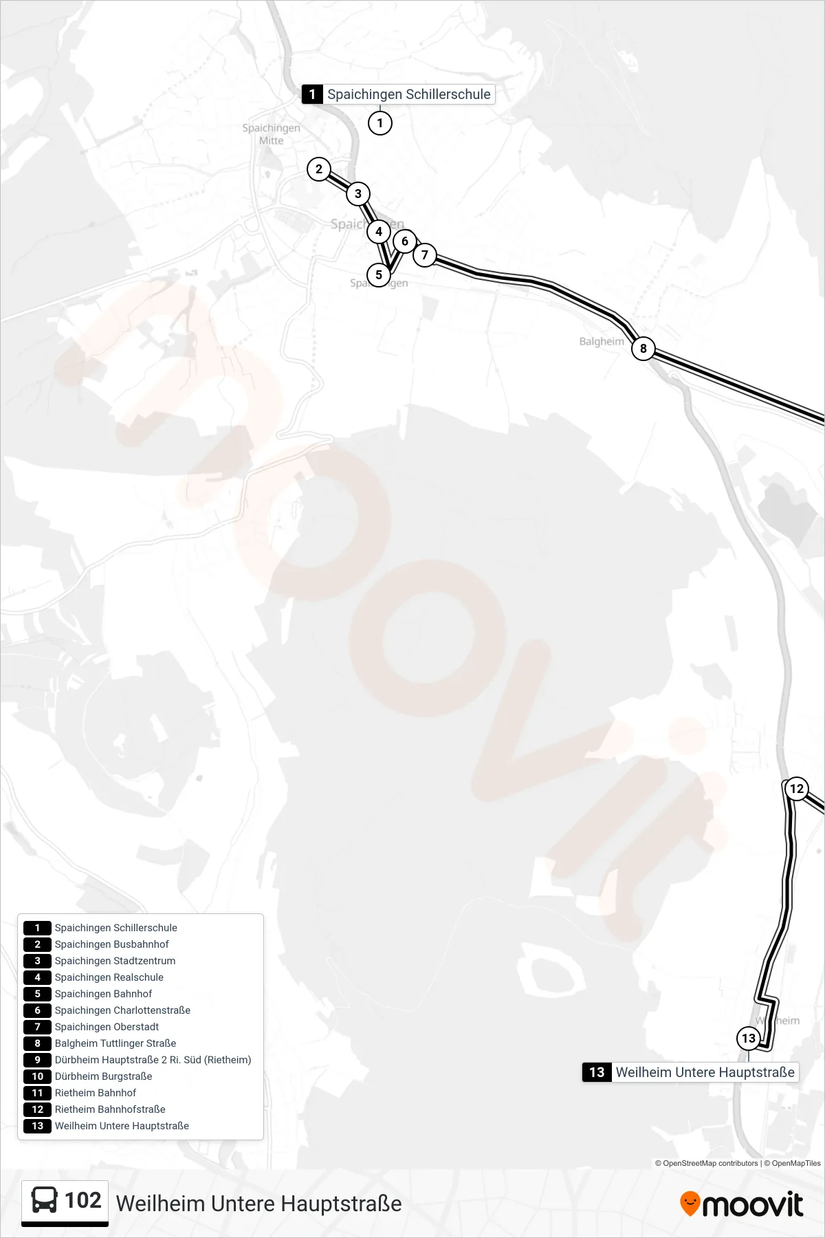 102 bus Line (Weilheim Untere Hauptstraße) route and stops on a map