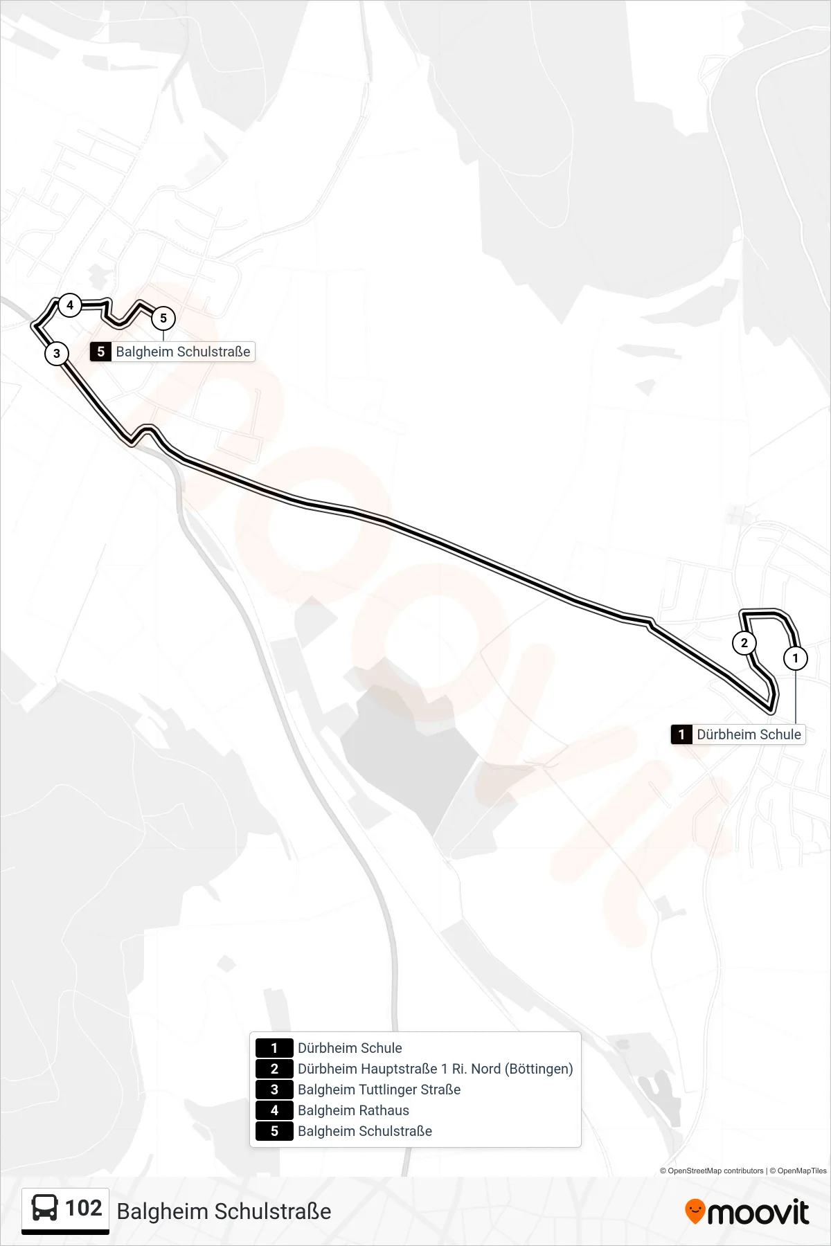 Linie 102 (Bus) Richtung Balgheim Schulstraße: Route und Haltestellen auf der Karte