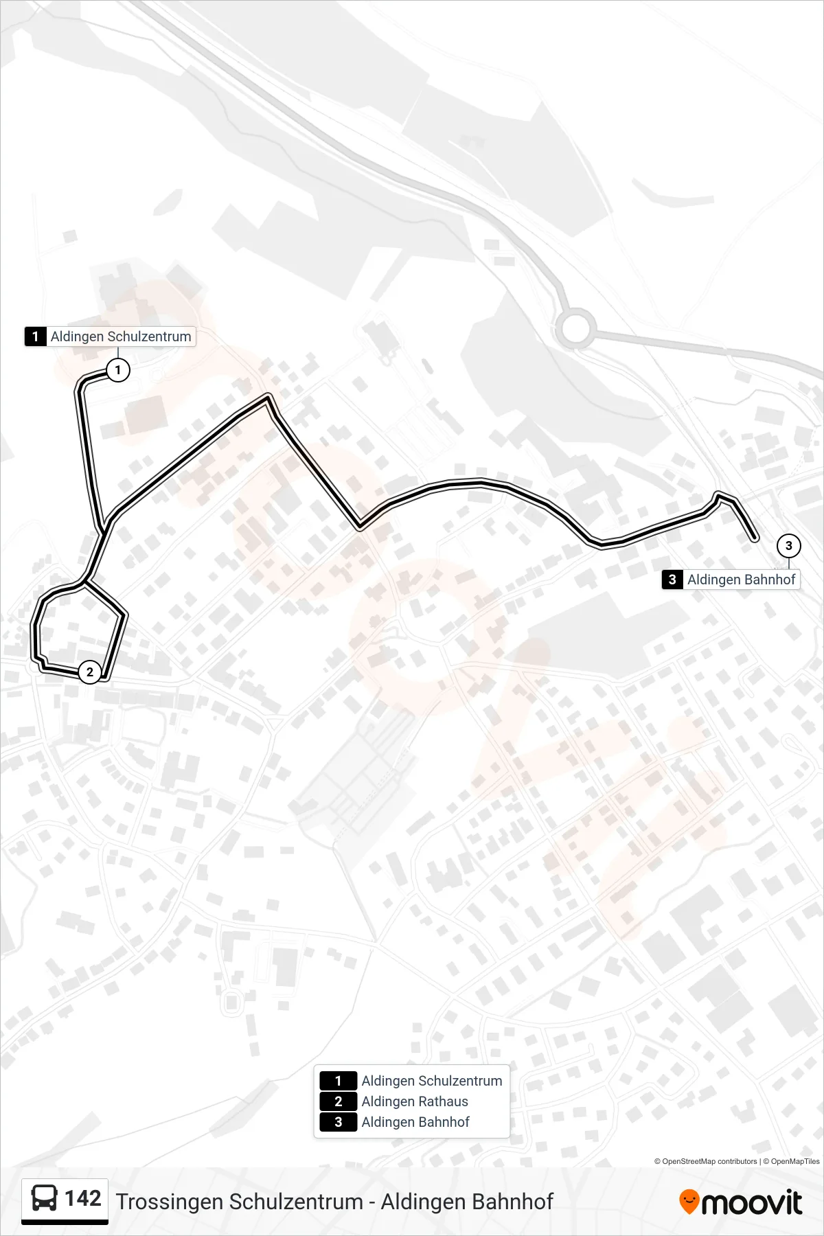 142 bus Line (Aldingen Bahnhof) route and stops on a map