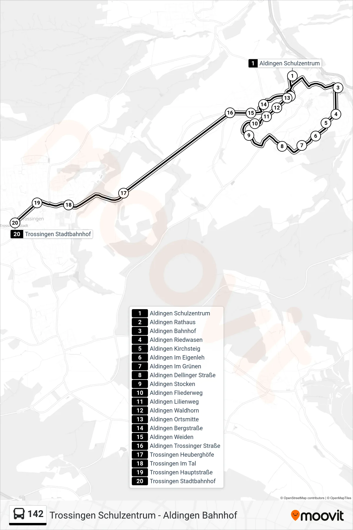 142 bus Line (Trossingen Stadtbahnhof) route and stops on a map