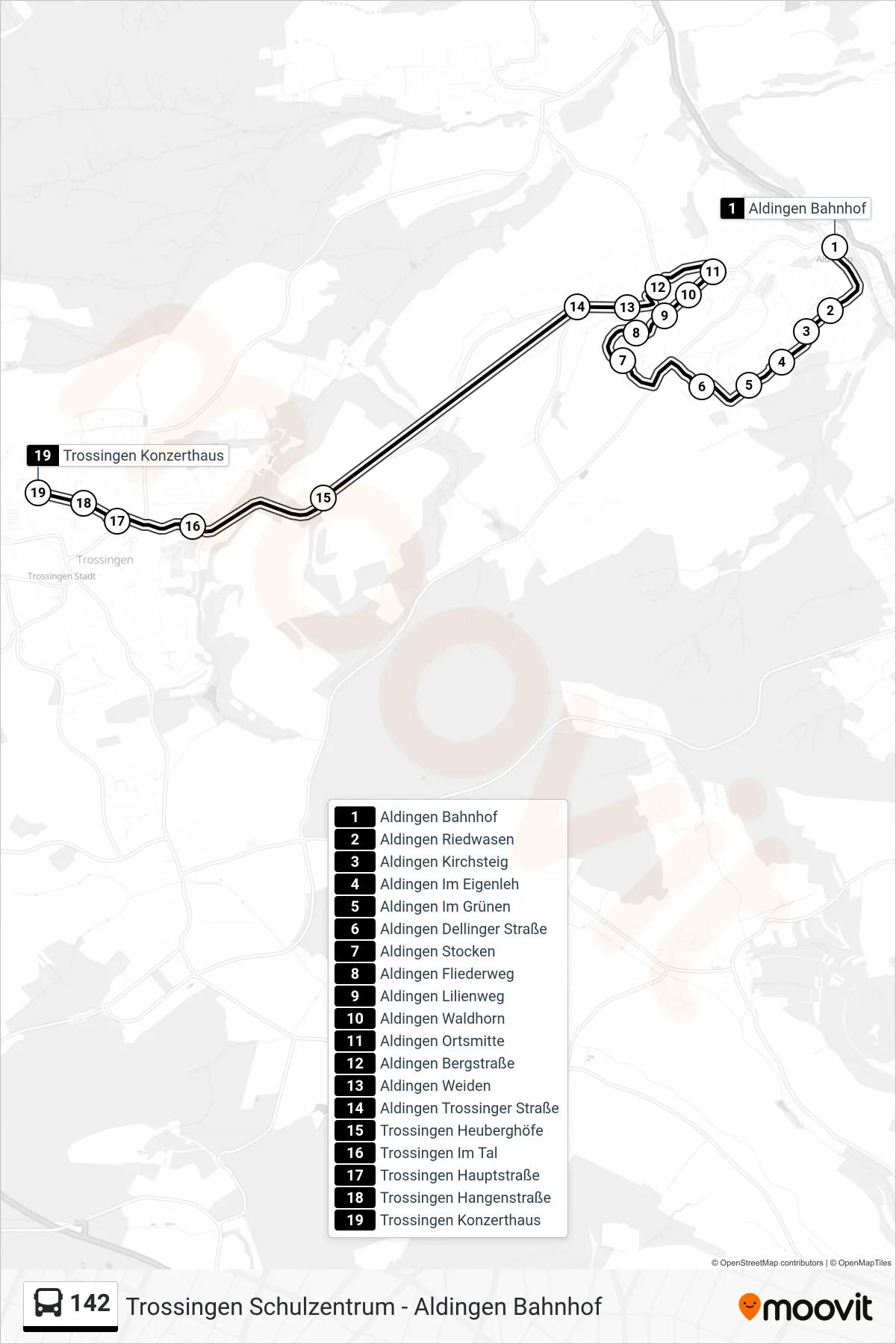 142 bus Line (Trossingen Konzerthaus) route and stops on a map