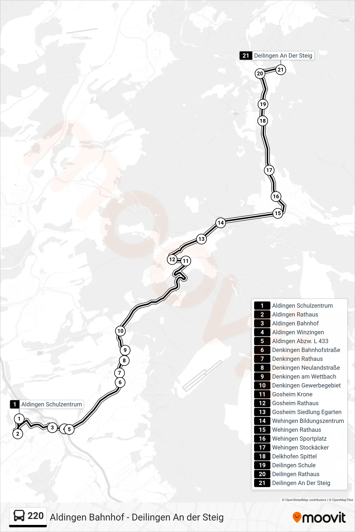 Linie 220 (Bus) Richtung Deilingen An Der Steig: Route und Haltestellen auf der Karte