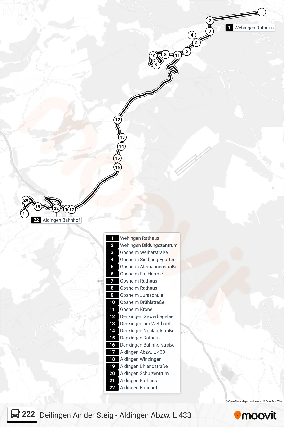 222 bus Line (Aldingen Bahnhof) route and stops on a map