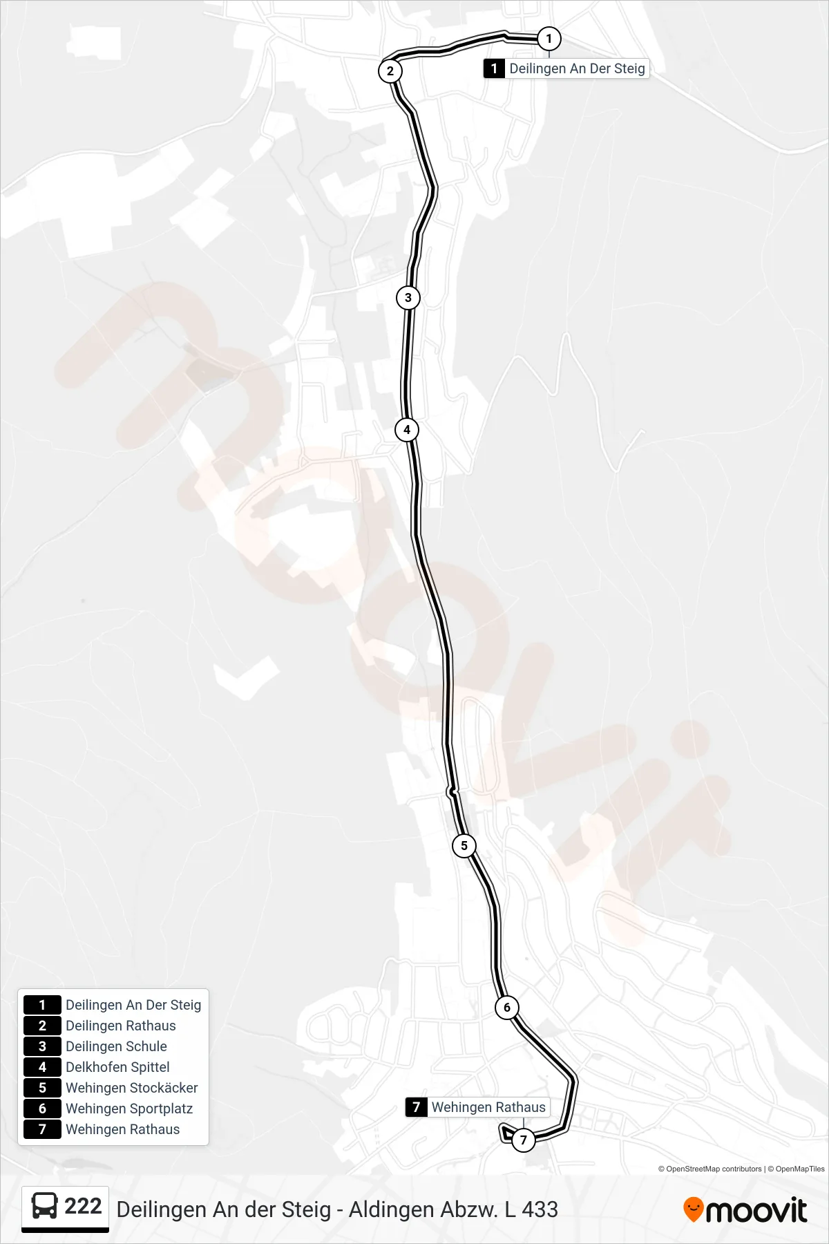 222 bus Line (Wehingen Rathaus) route and stops on a map