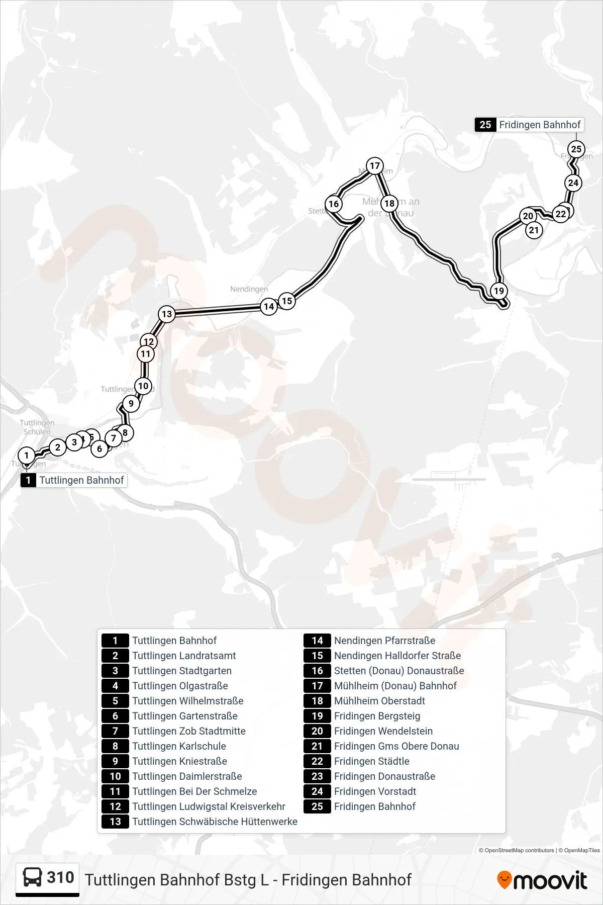 310 bus Line (Fridingen Bahnhof) route and stops on a map