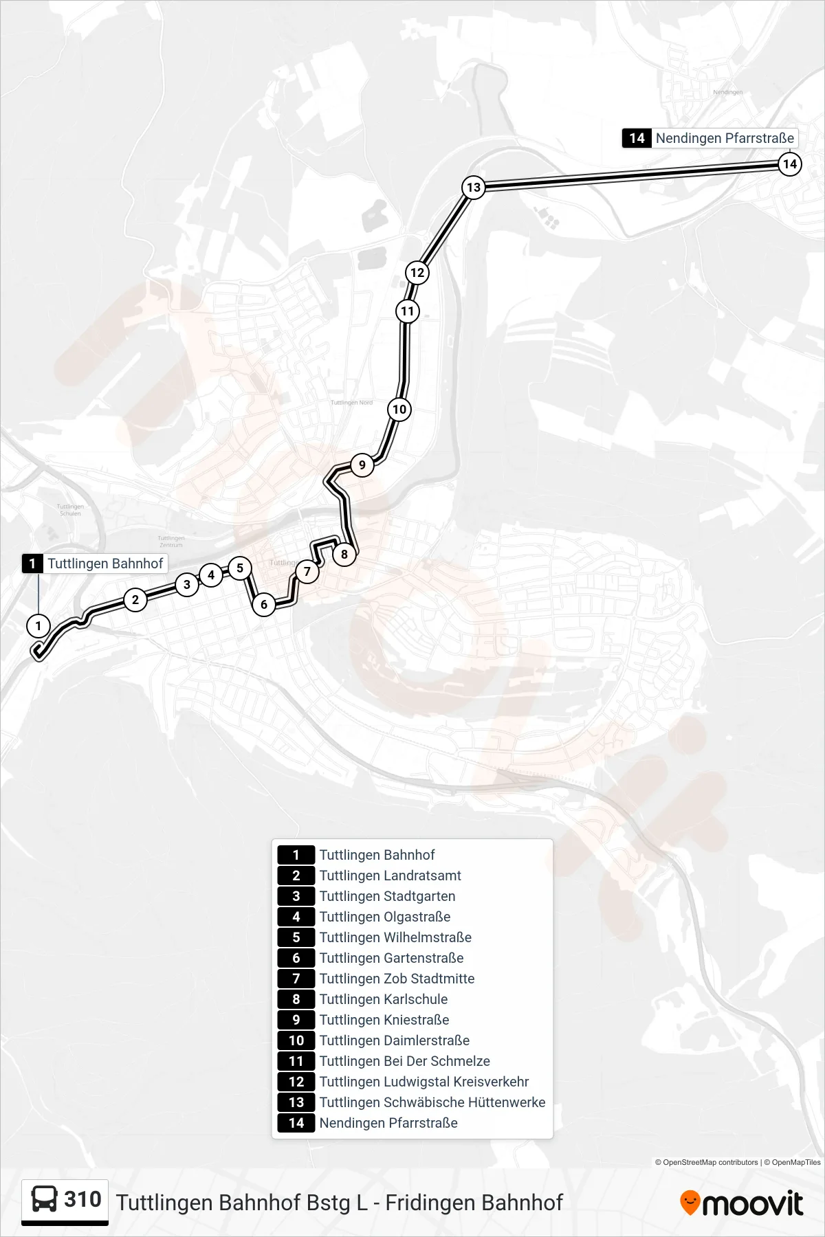 310 bus Line (Nendingen Pfarrstraße) route and stops on a map