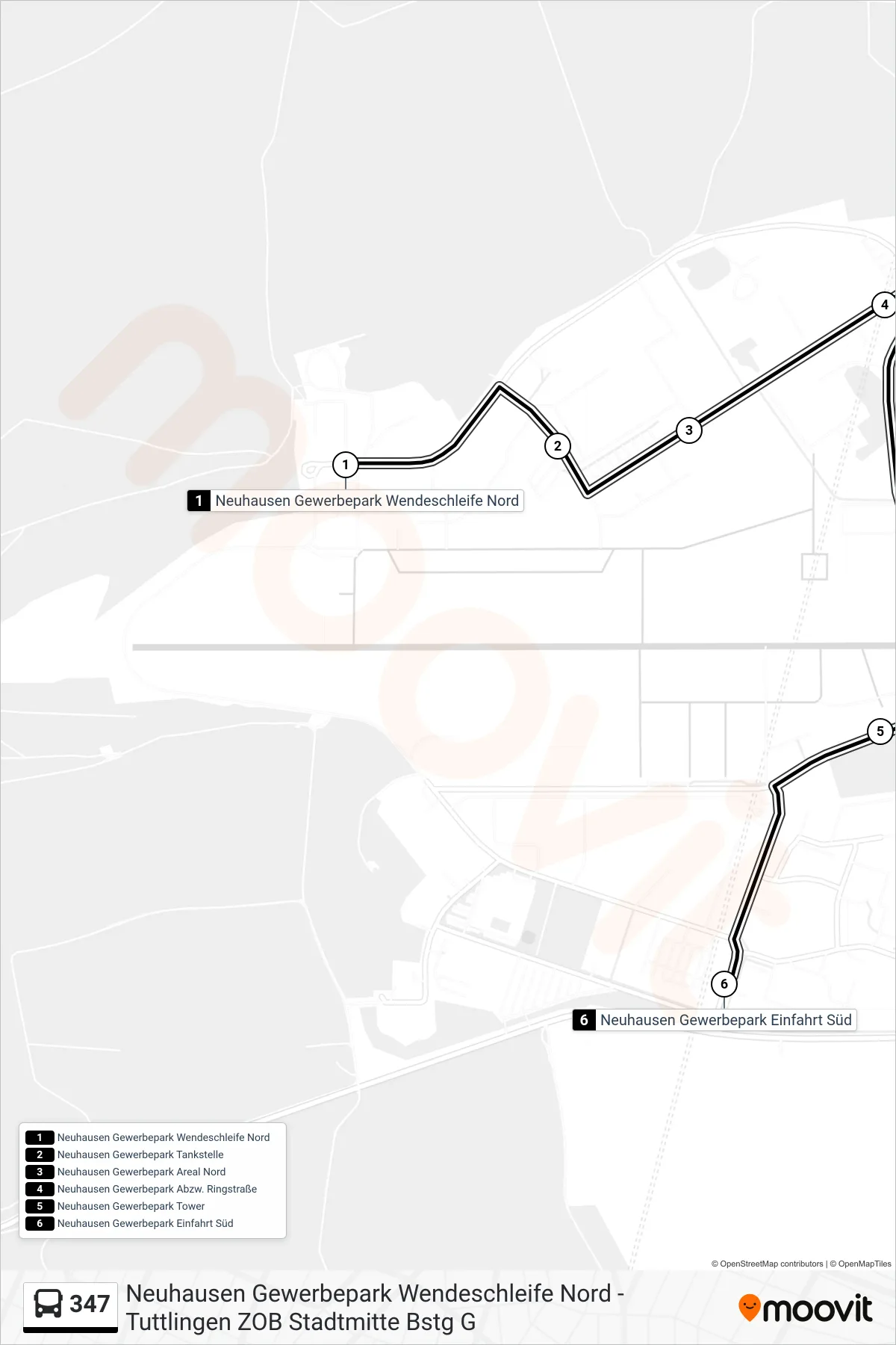 347 bus Line (Neuhausen Gewerbepark Einfahrt Süd) route and stops on a map