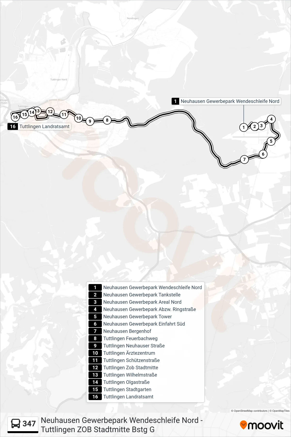 347 bus Line (Tuttlingen Zob Stadtmitte) route and stops on a map