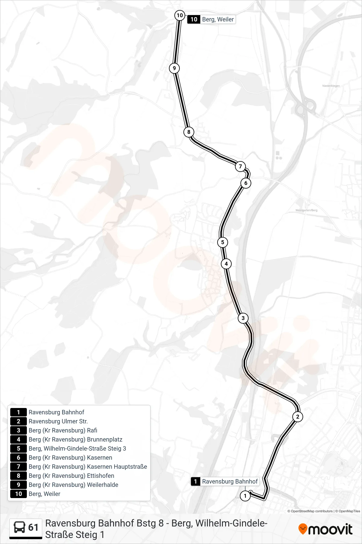 61 bus Line (Berg, Weiler) route and stops on a map