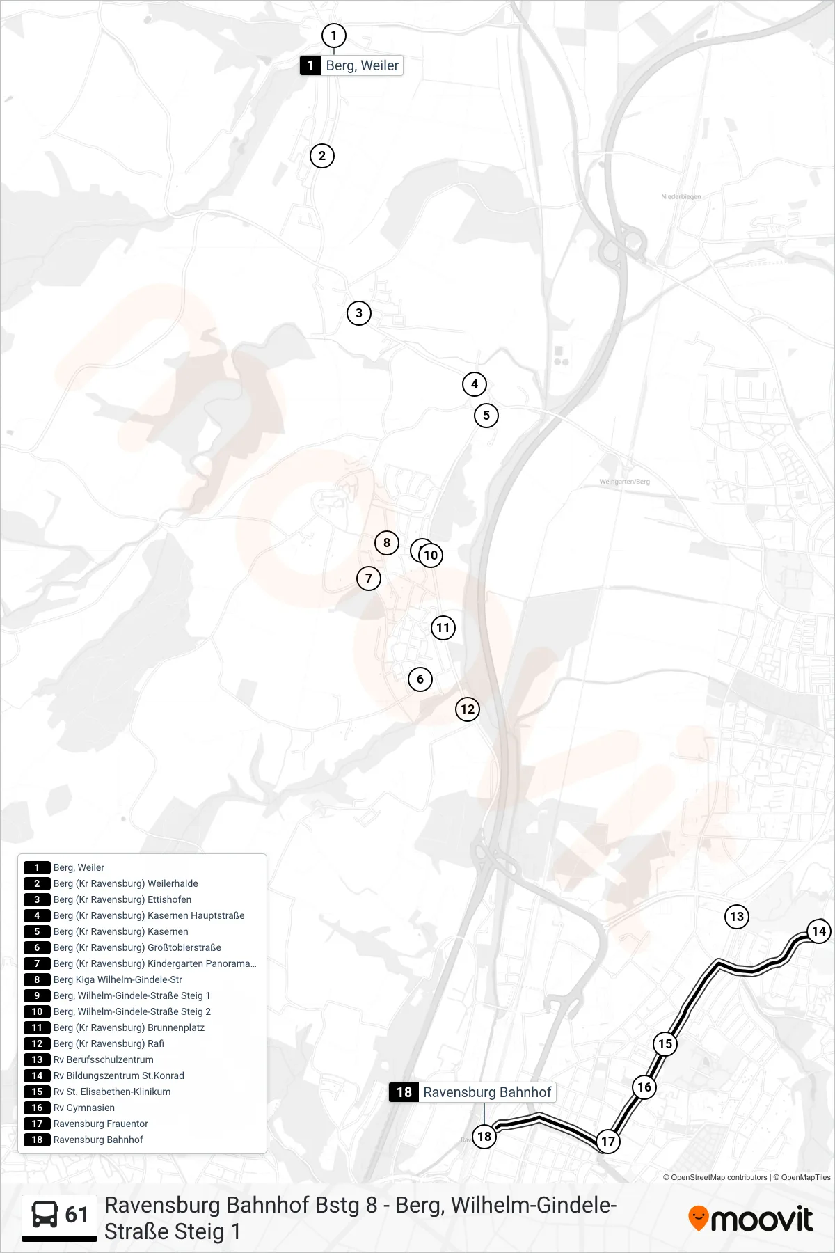 61 bus Line (Ravensburg Bahnhof) route and stops on a map