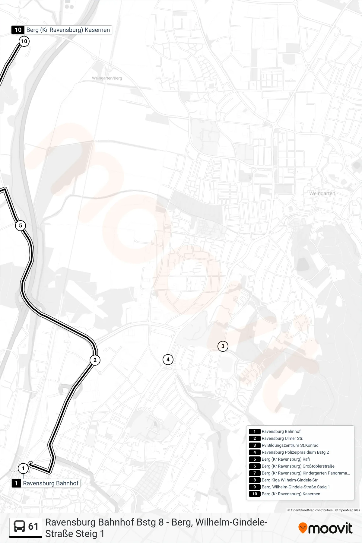 61 bus Line (Berg (Kr Ravensburg) Kasernen) route and stops on a map