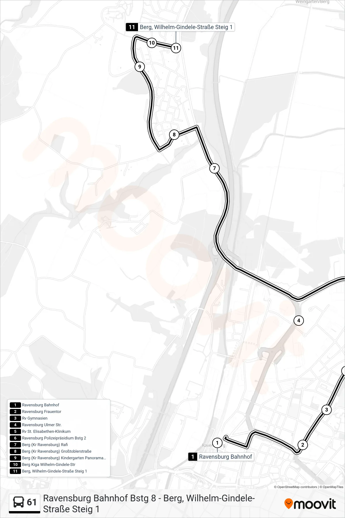 Linie 61 (Bus) Richtung Berg, Wilhelm-Gindele-Straße: Route und Haltestellen auf der Karte