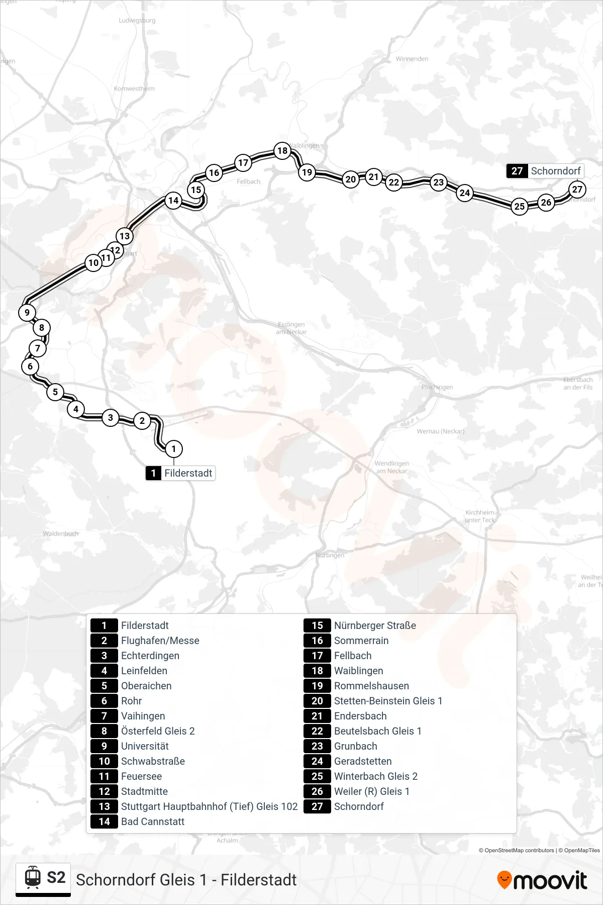 Linie S2 (Straßenbahn) Richtung Schorndorf: Route und Haltestellen auf der Karte