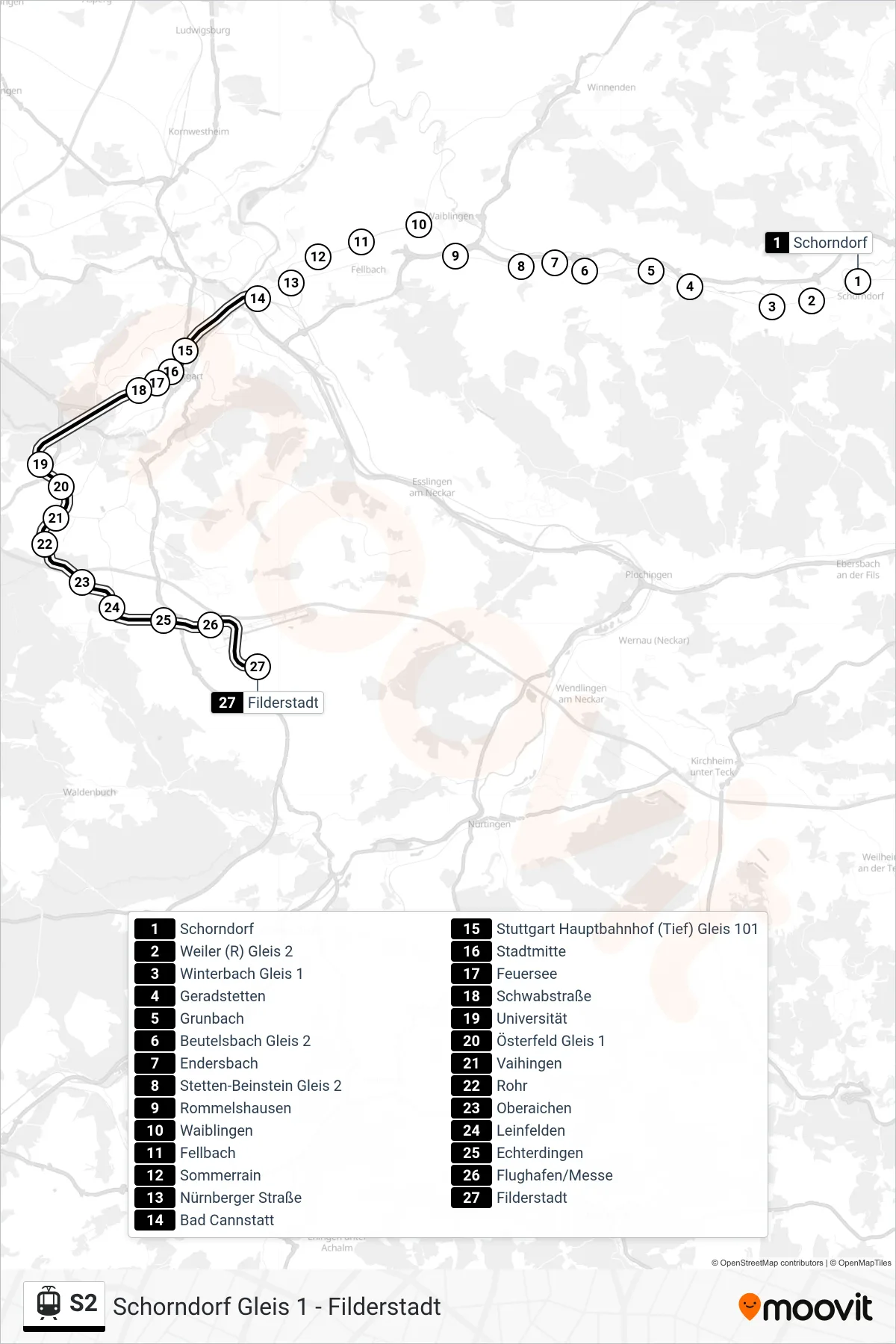 S2 light rail Line (Filderstadt) route and stops on a map