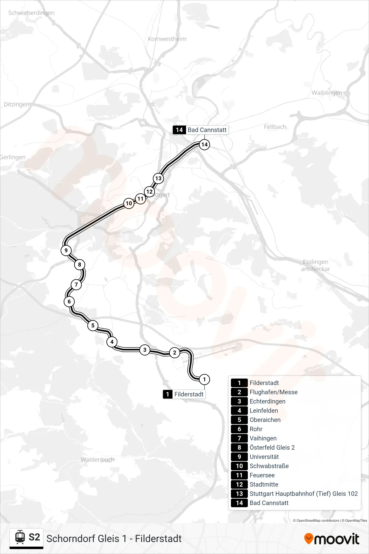 S2 tram Line (Bad Cannstatt) route and stops on a map