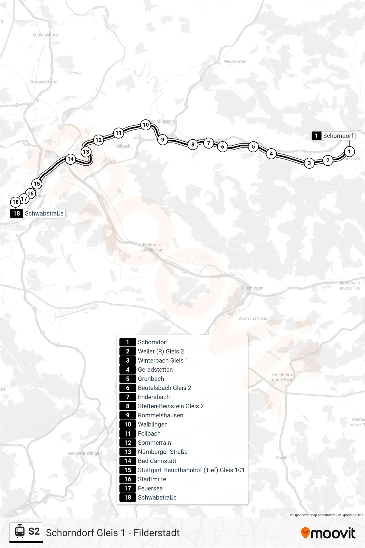 S2 light rail Line (Schwabstraße) route and stops on a map