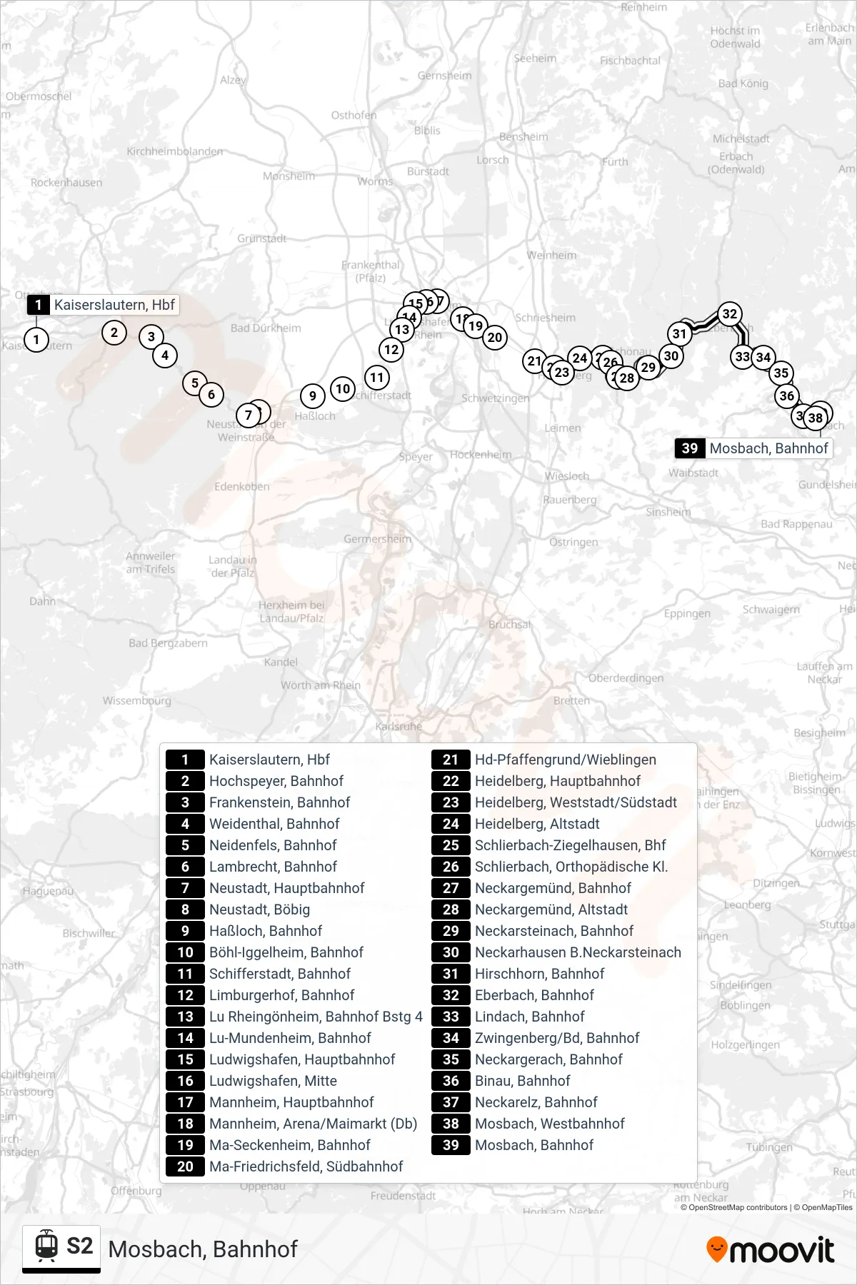 S2 light rail Line (Mosbach, Bahnhof) route and stops on a map